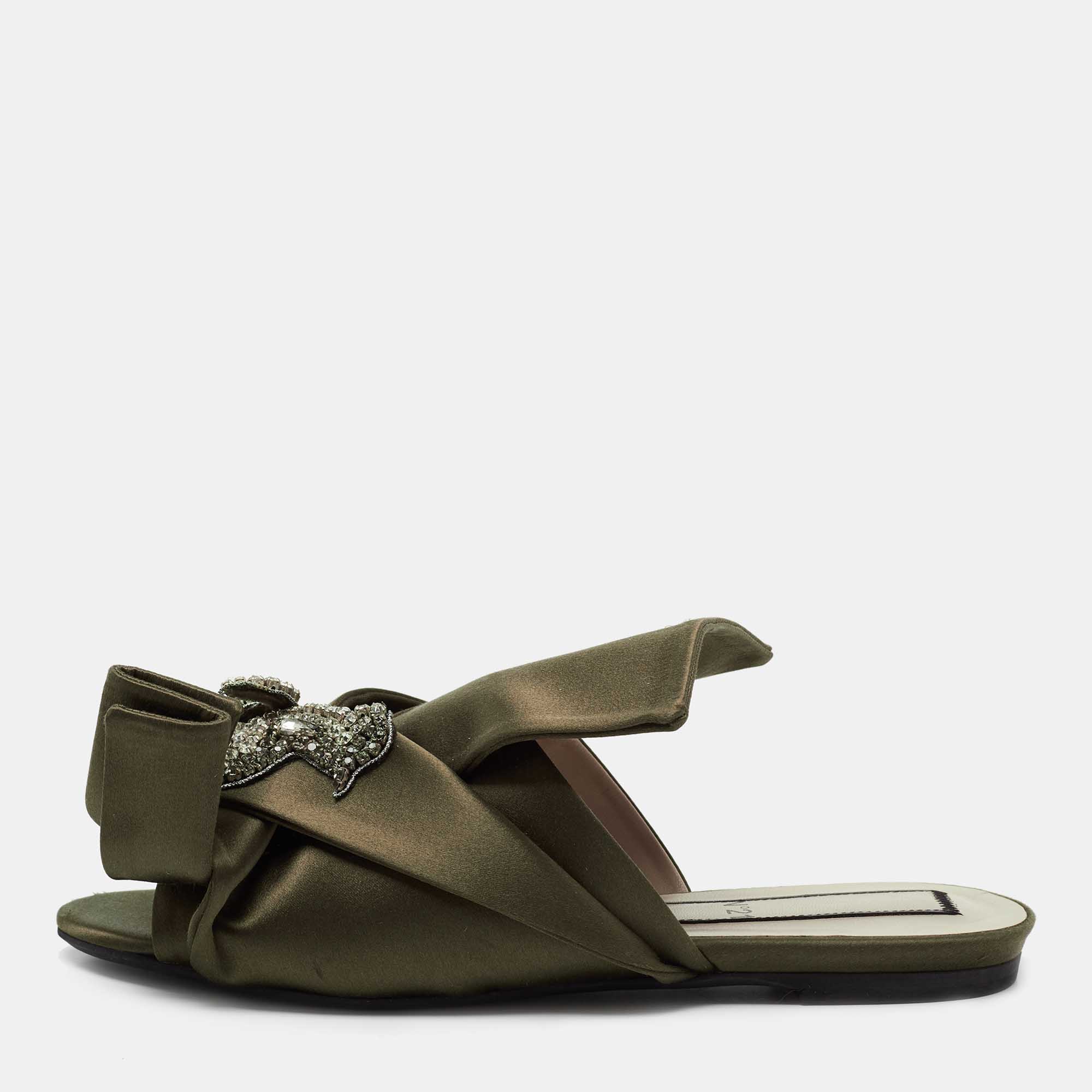 Nº21 Olive Green Satin Embellished  Raso Knot Flat Slides Size 38