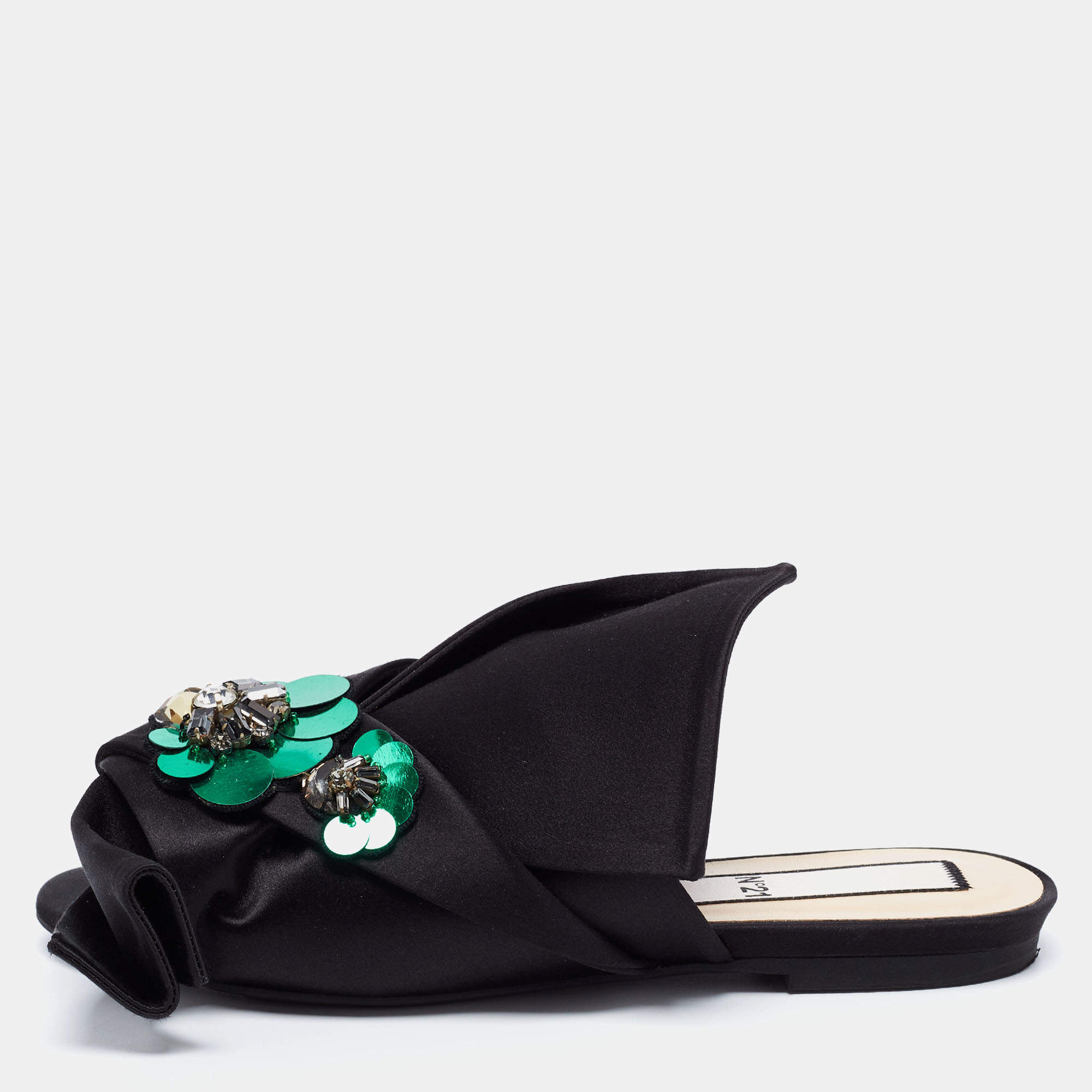 N21 Black Satin Embellished Raso Knot Flat Slides Size 37