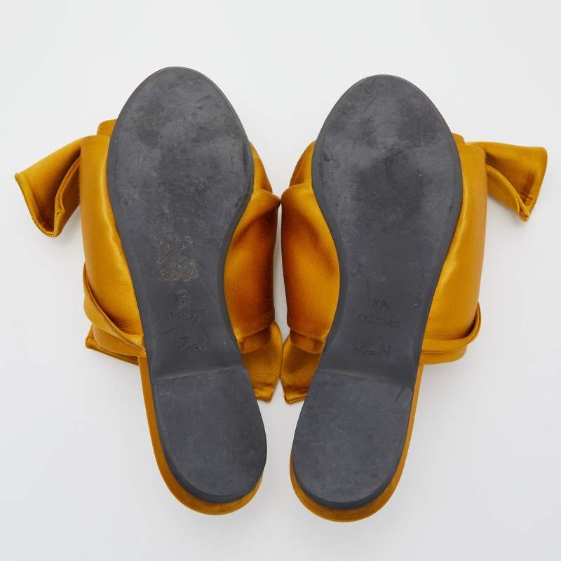 Pre Owned N°21 Mustard Yellow Satin Knot Flat Mules Size 36.5