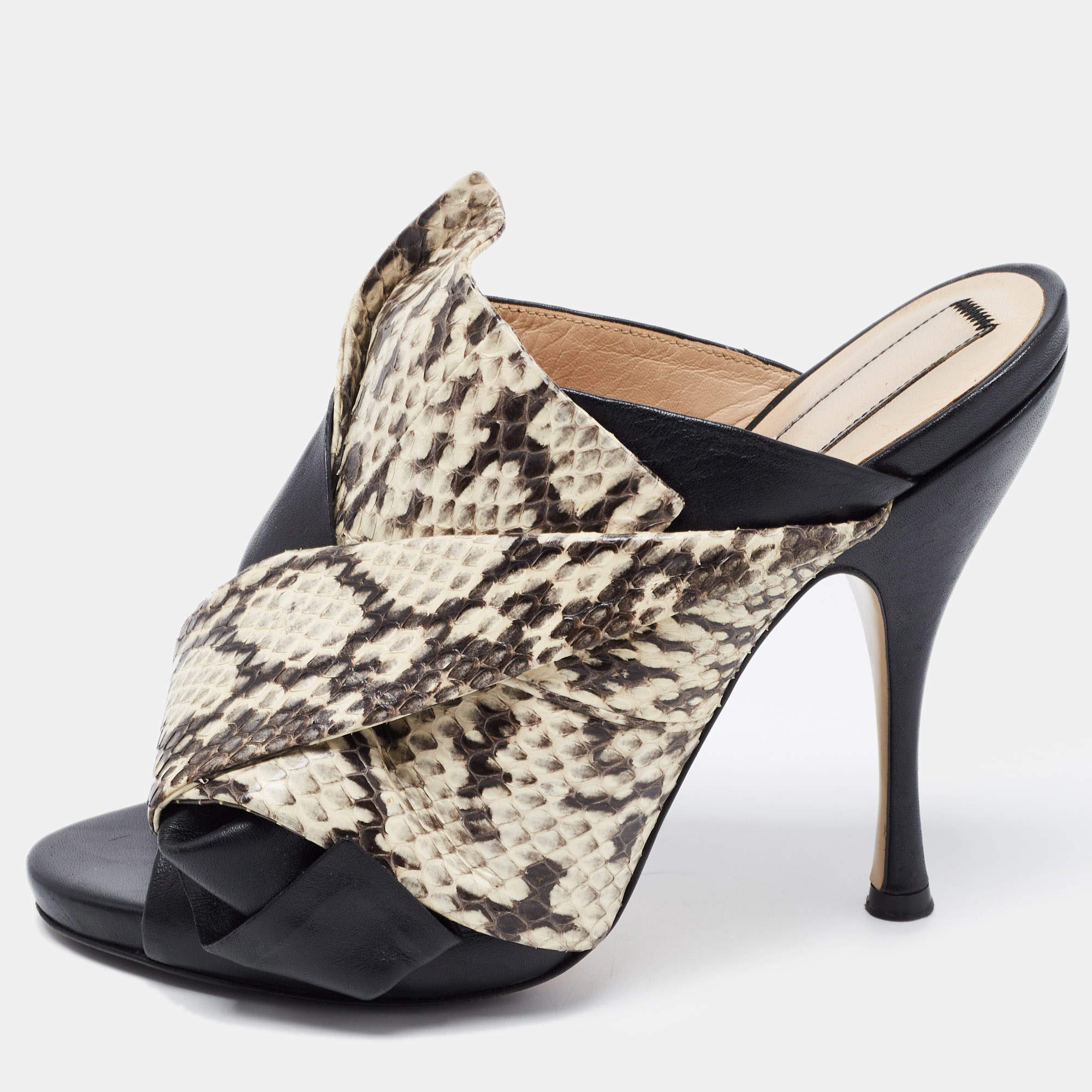 Pre Owned N21 Black/Beige Python  Leather and Leather Crystal Embellished Knot Mule Sandals Size 38.5