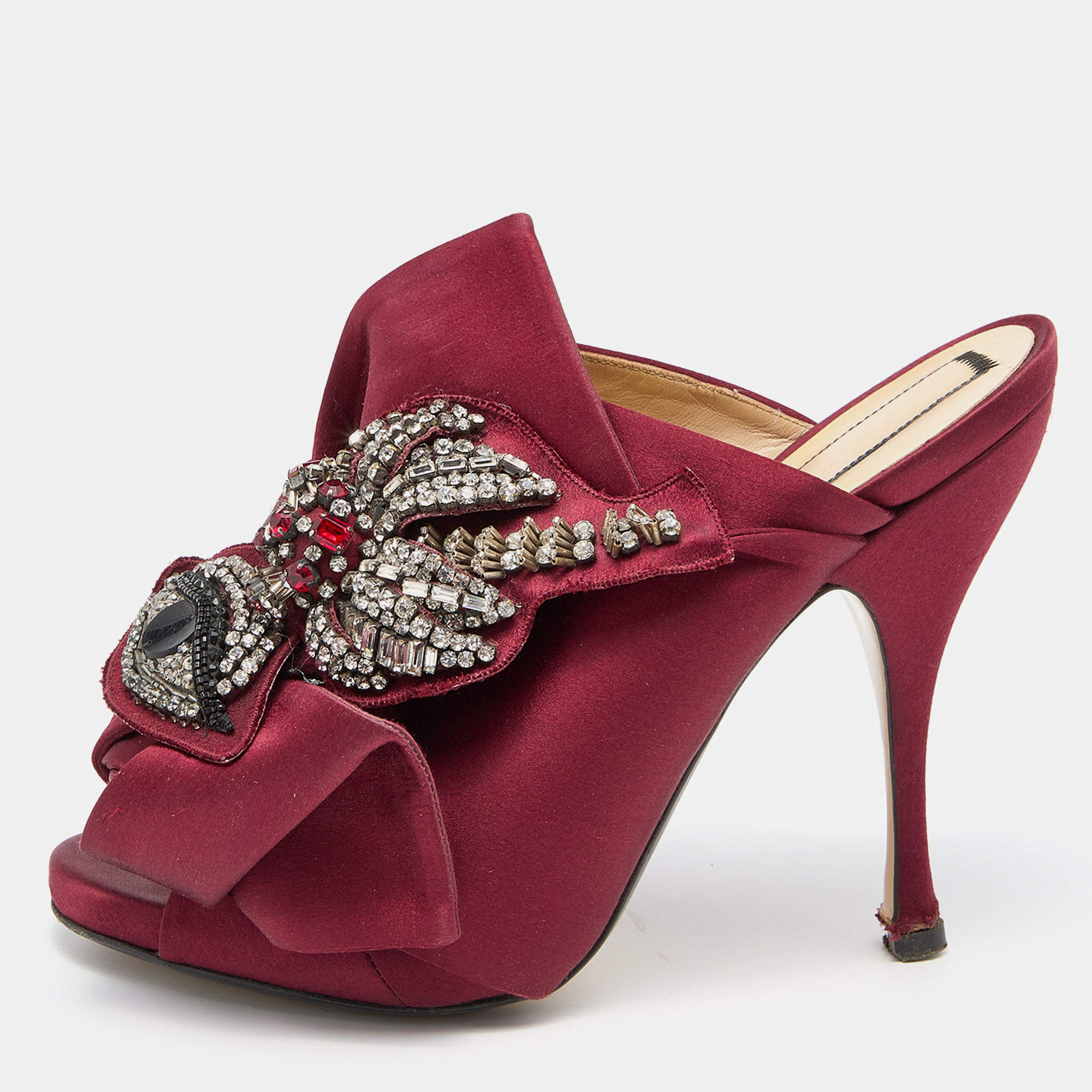Pre Owned N21 Burgundy Satin Raso Knot Embellished Mules Size 39