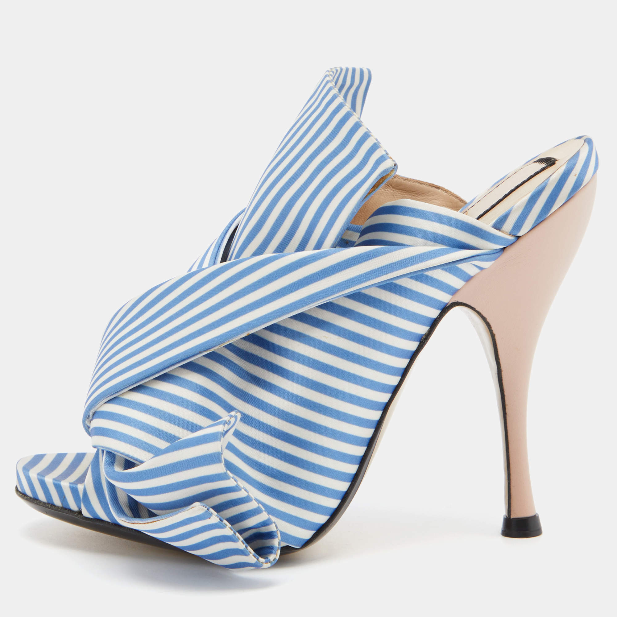 Nº21 Blue/White Stripe Satin and Leather Raso Knot Peep Toe Mules Size 36