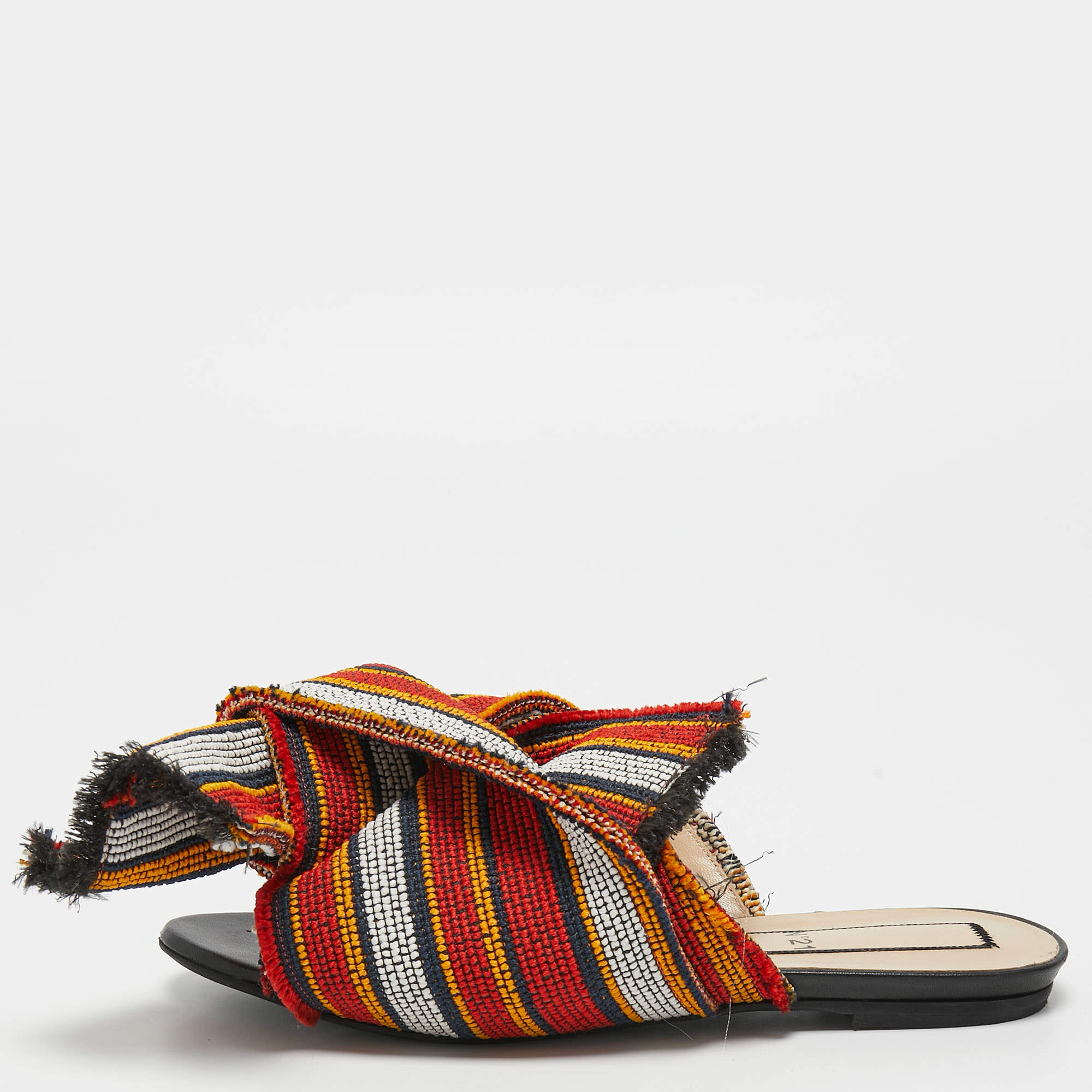 Nº21 Multicolor Embroidered Fabric Knot Flat Slides Size 39
