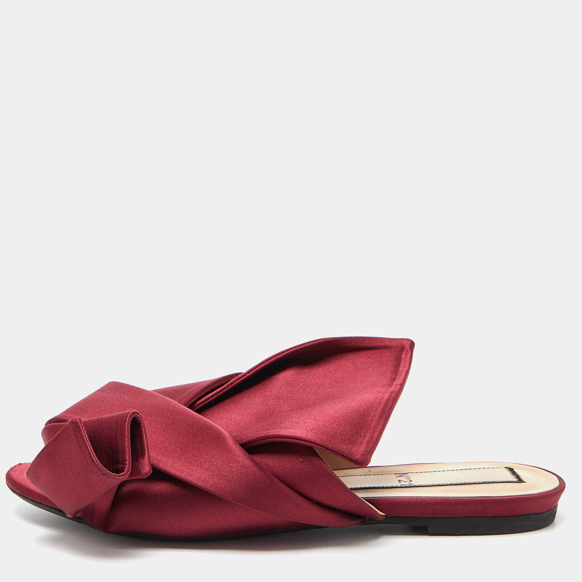 Pre Owned Nº21 Burgundy Satin Knot Flat Slides Size 39