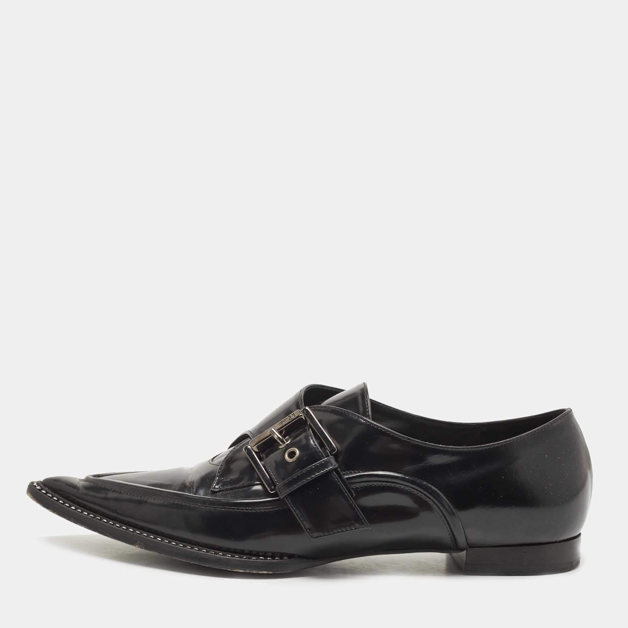 N21 Black Leather Crystal Embellished Buckle Loafers Size 38.5