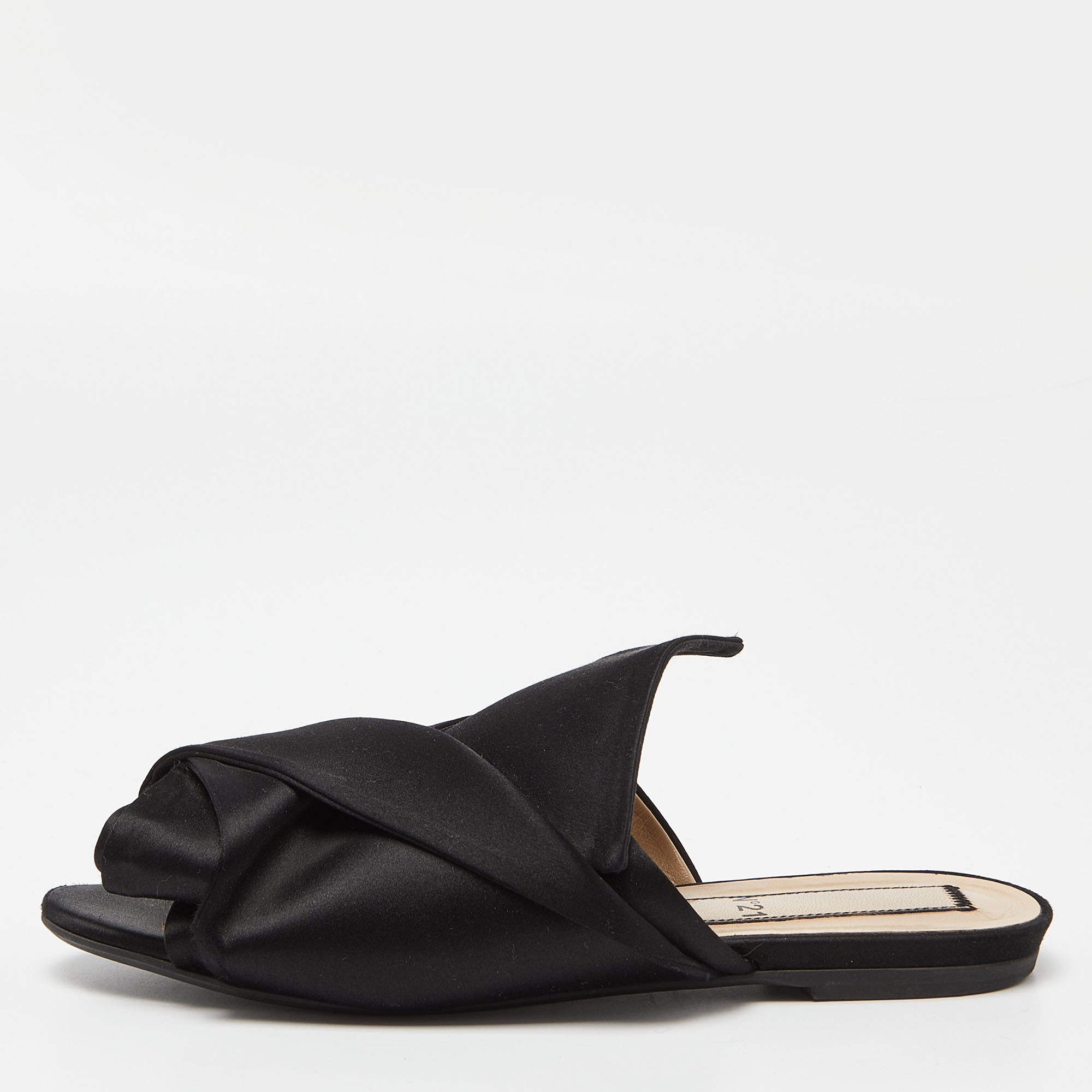 Nº21 Black Satin Raso Knot Peep Toe Flat Mules Size 38