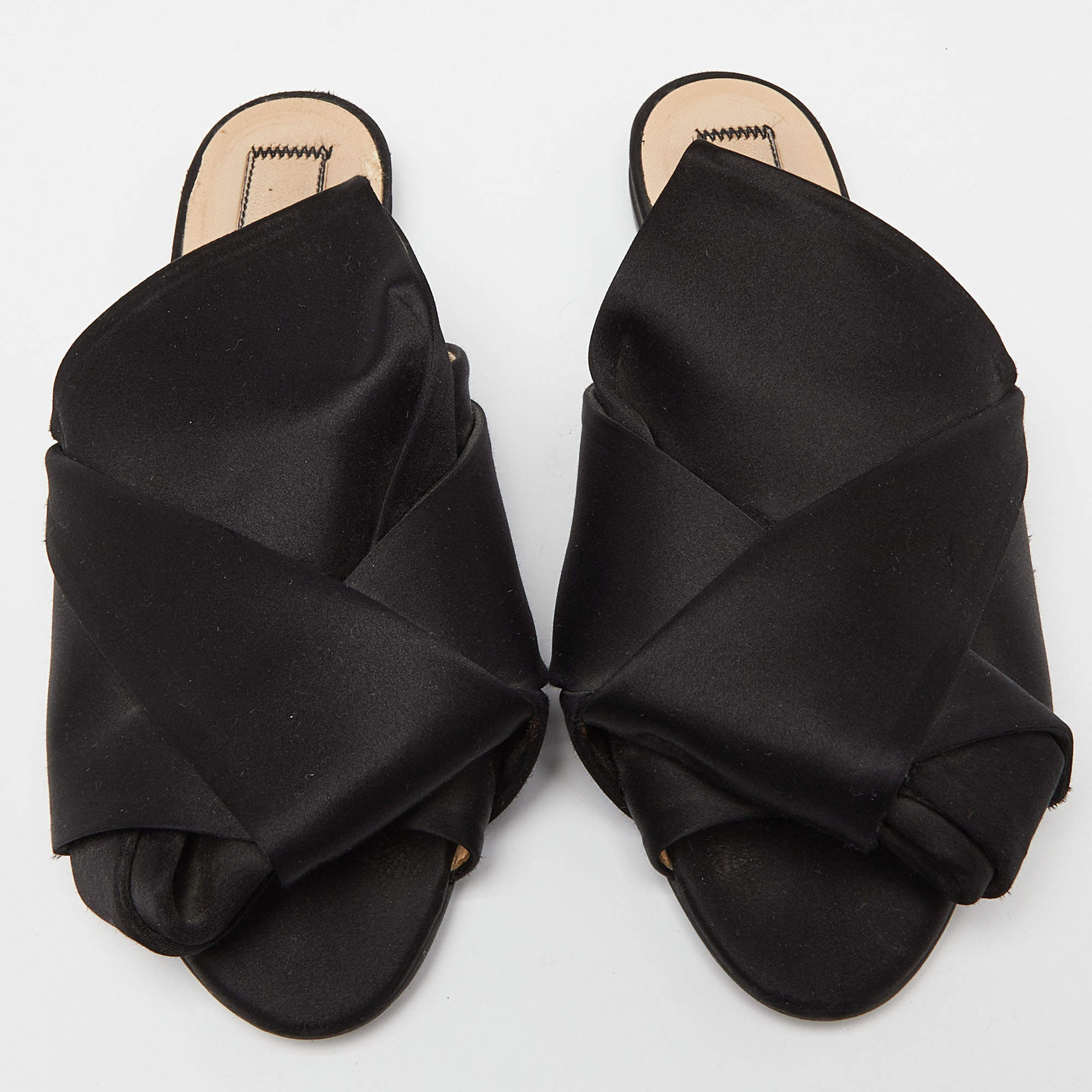 Pre Owned Nº21 Black Satin Raso Knot Peep Toe Flat Mules Size 38