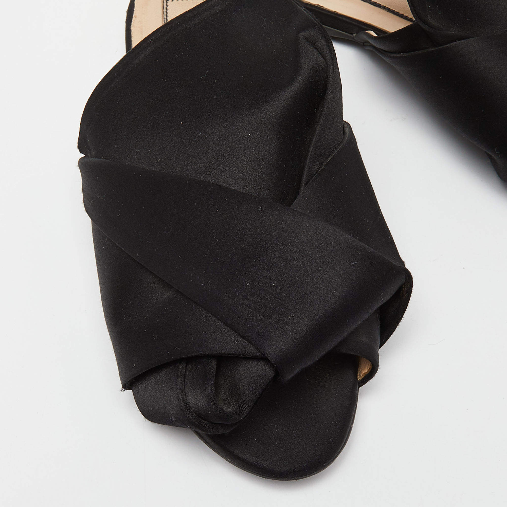 Pre Owned Nº21 Black Satin Raso Knot Peep Toe Flat Mules Size 38