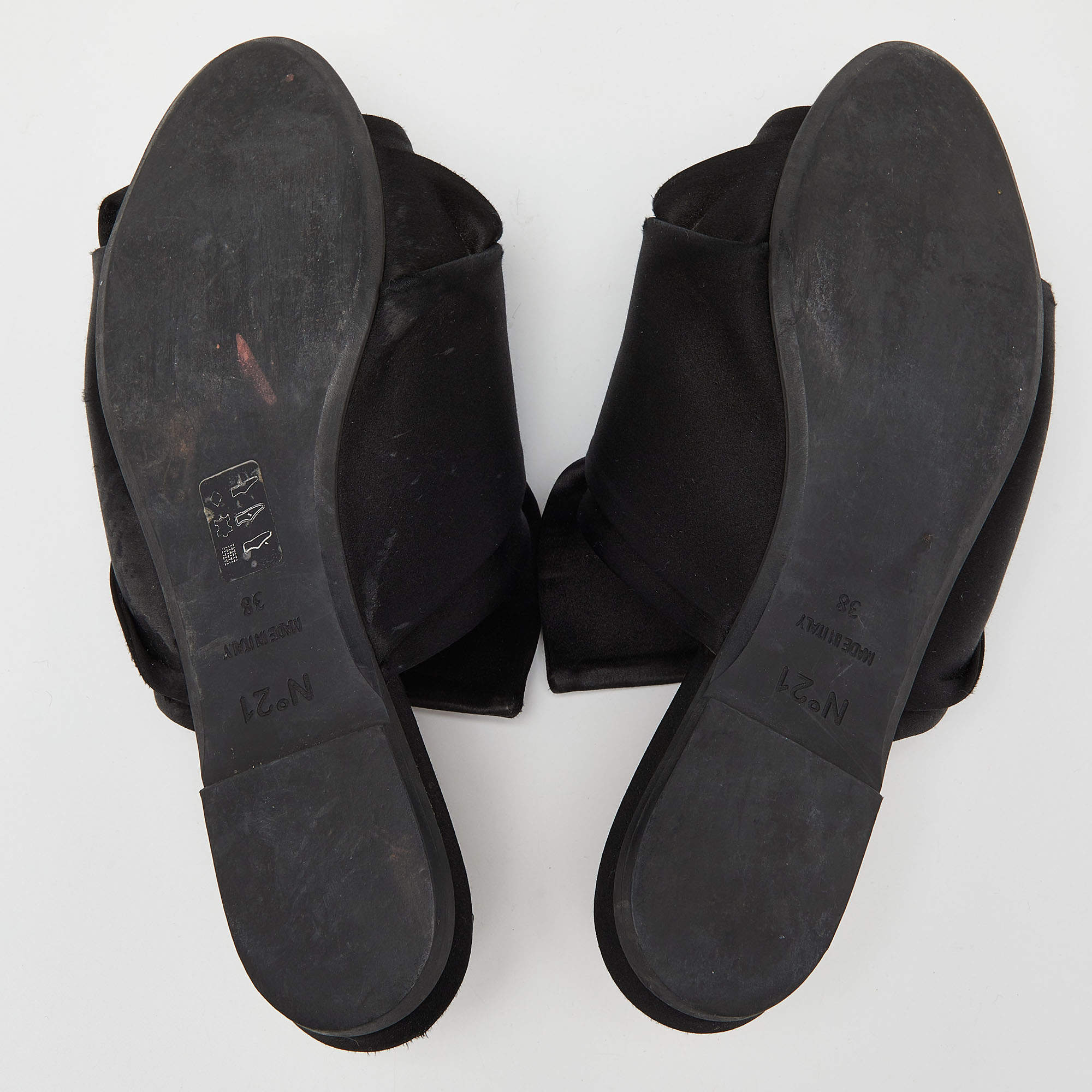 Pre Owned Nº21 Black Satin Raso Knot Peep Toe Flat Mules Size 38
