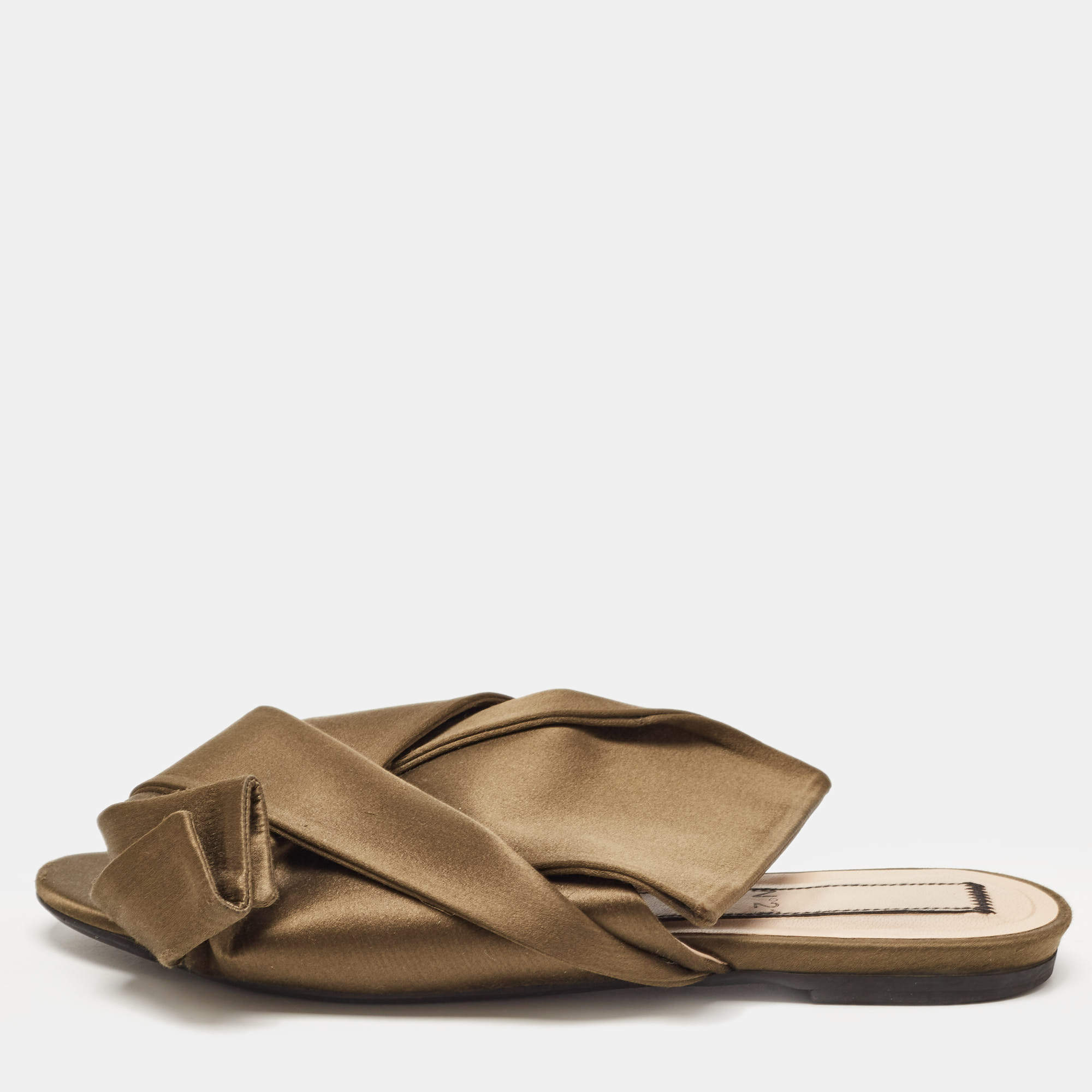 Pre Owned N21 Olive Green Satin Raso Knot Flat Slides Size 39