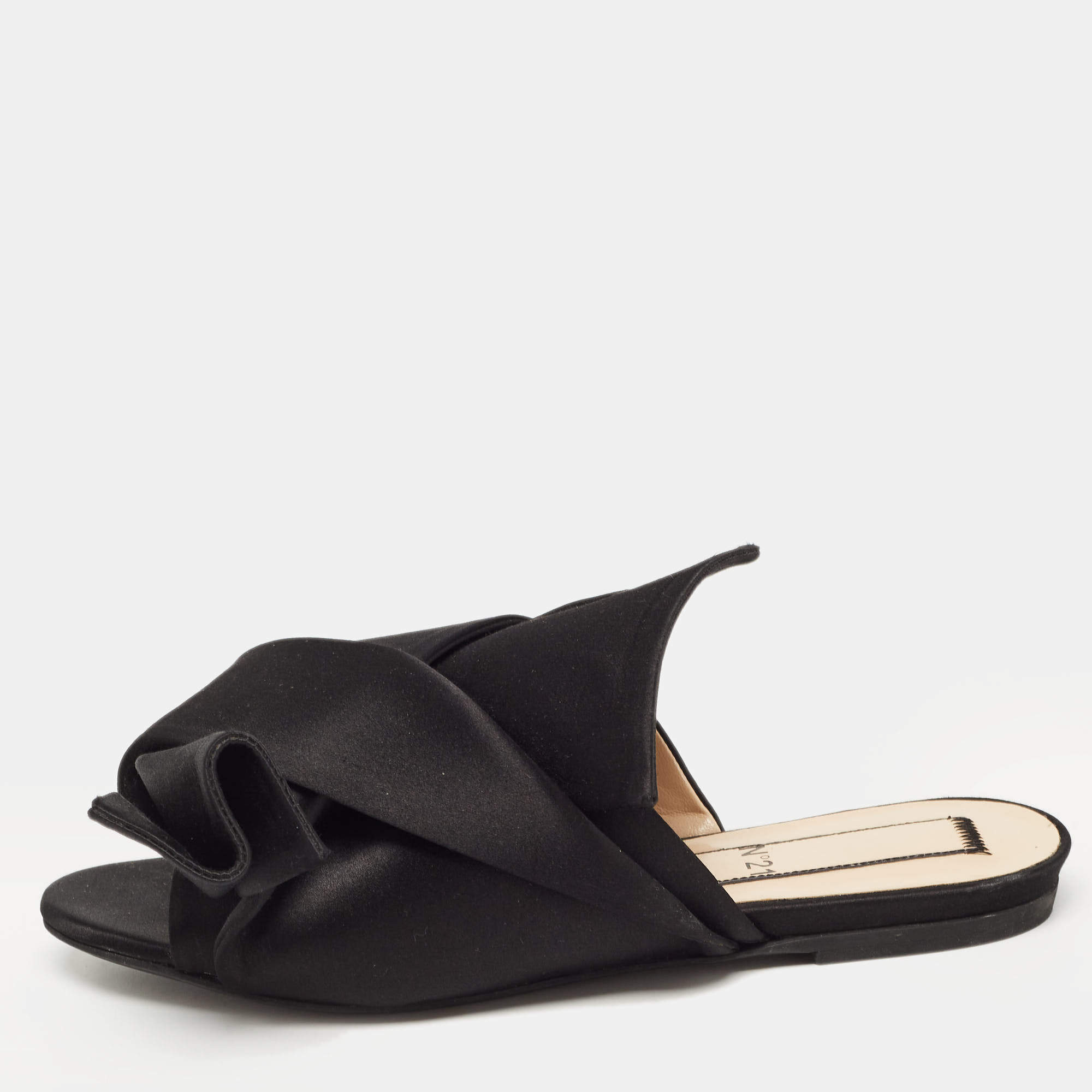 Nº21 Black Satin Knot Flat Slides Size 36
