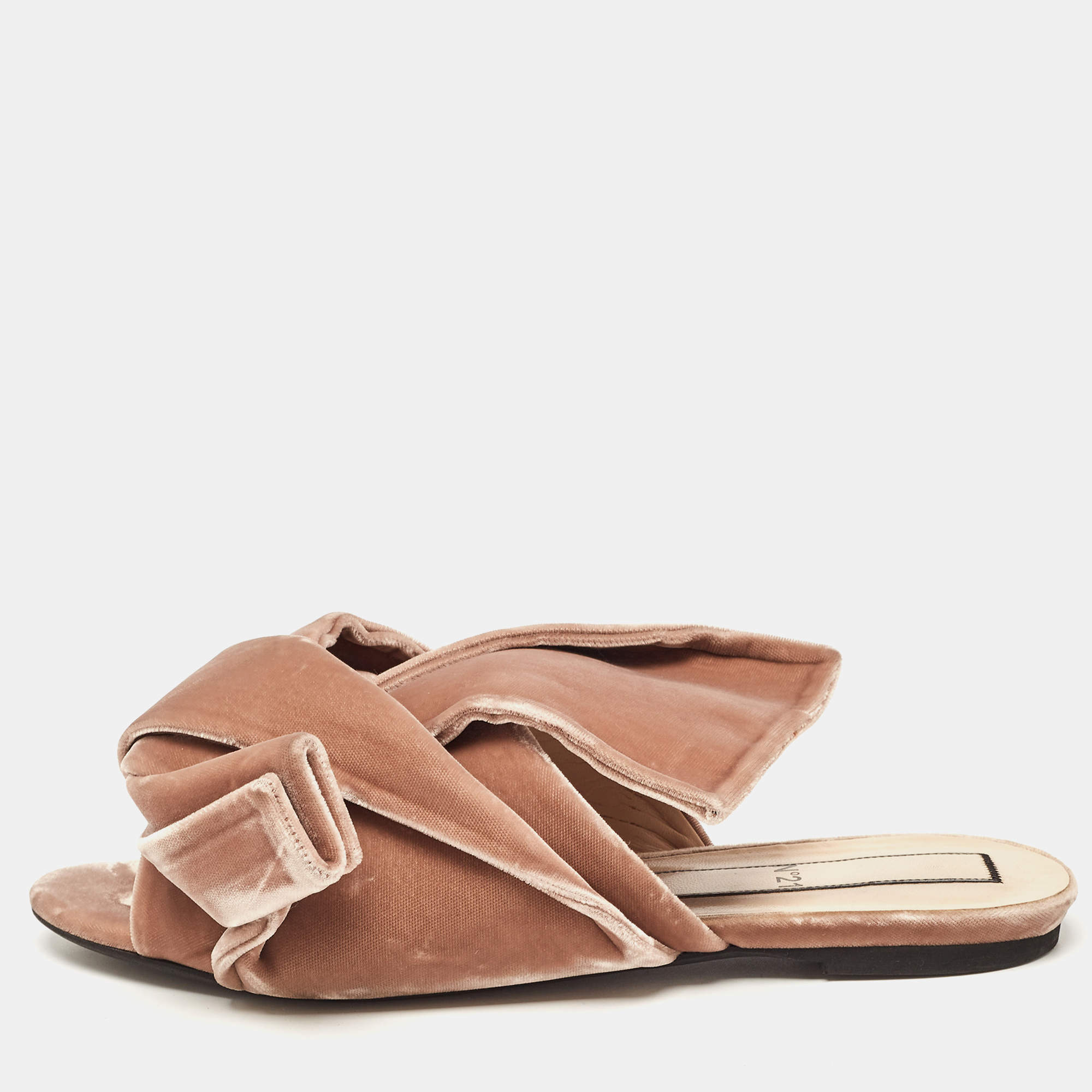 Pre Owned N21 Pale Brown Velvet Raso Knot Flat Slides Size 41