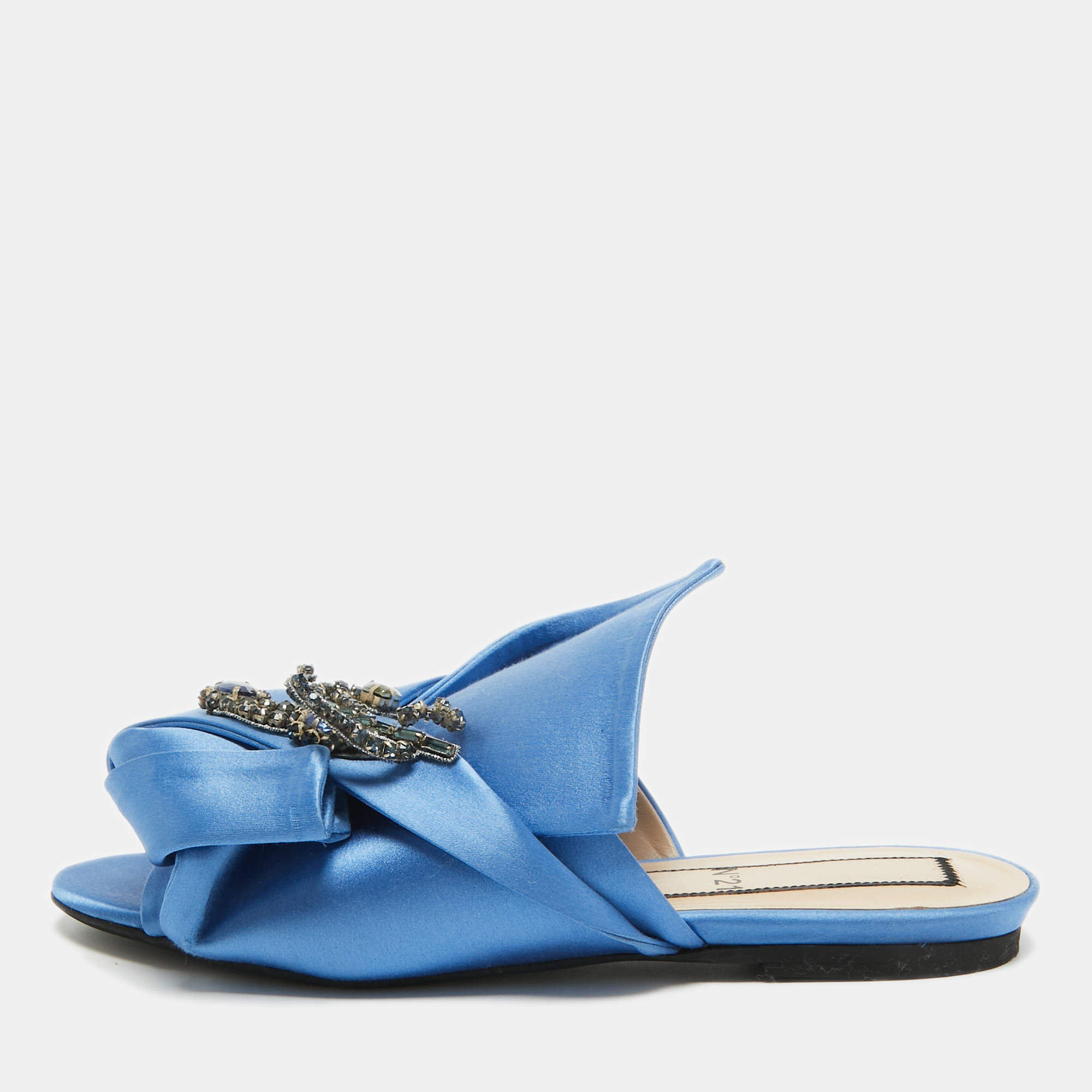 Nº21 Knotted Blue Satin Crystal Embellished Flat Slides Size 37