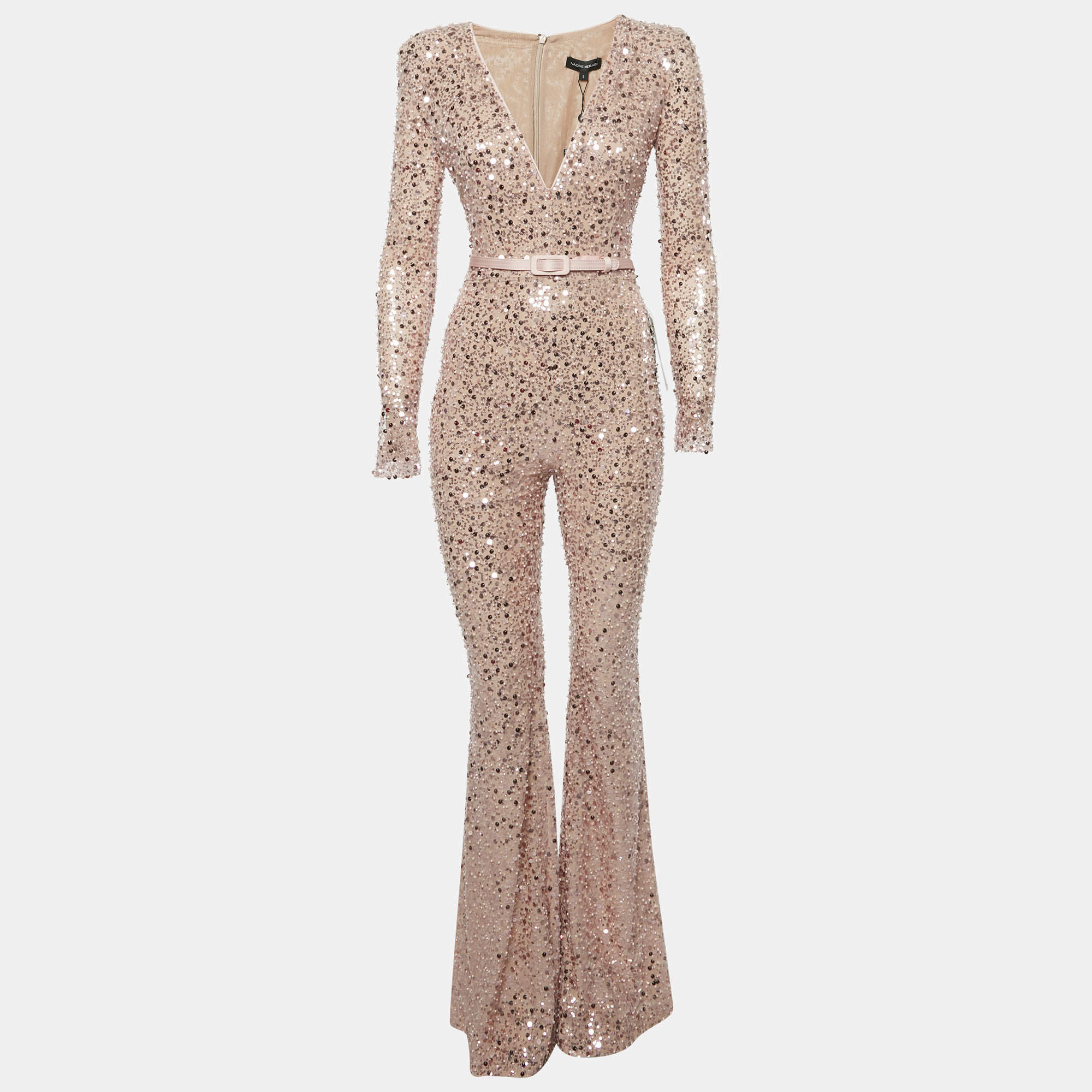 Nadine Merabi Pink Sequin and Beads Embroidered Tulle Eliza Jumpsuit S