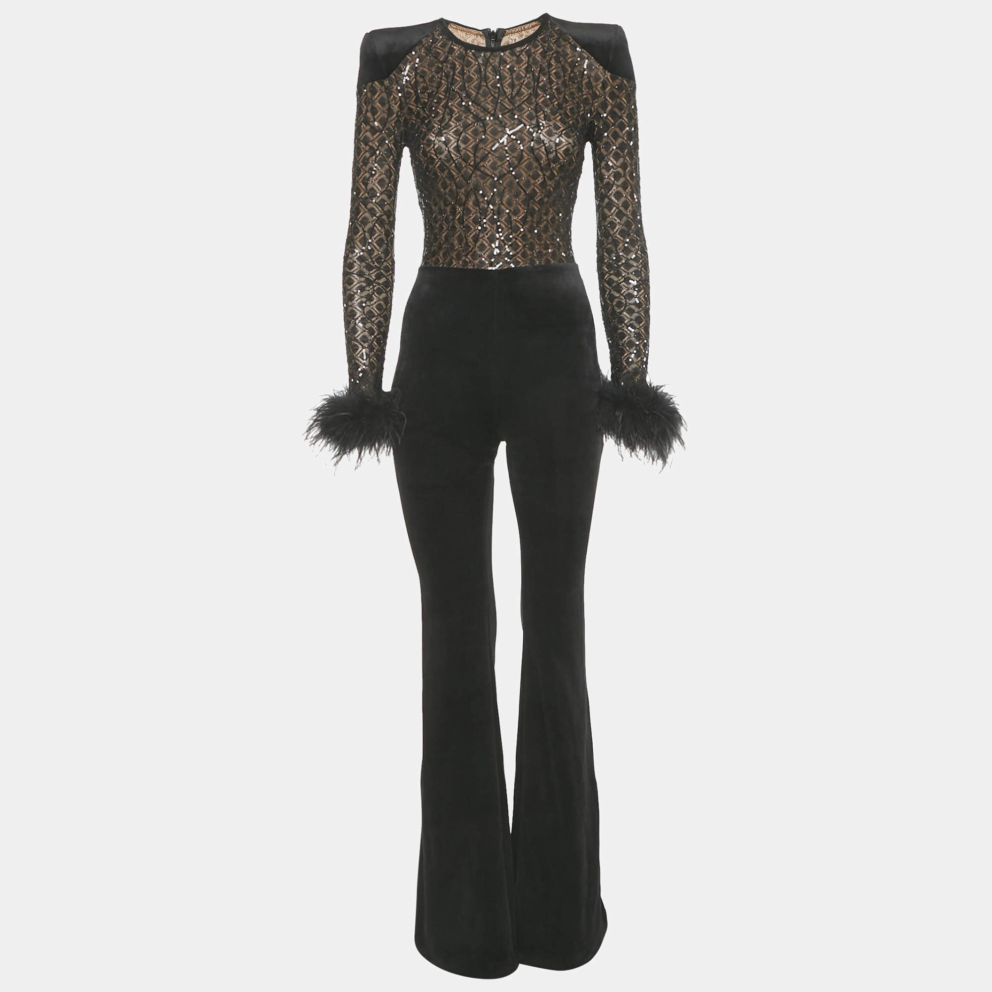 Pre Owned Nadine Merabi Black Sequin Knit and Velvet Feather Trimmed Jumpsuit S