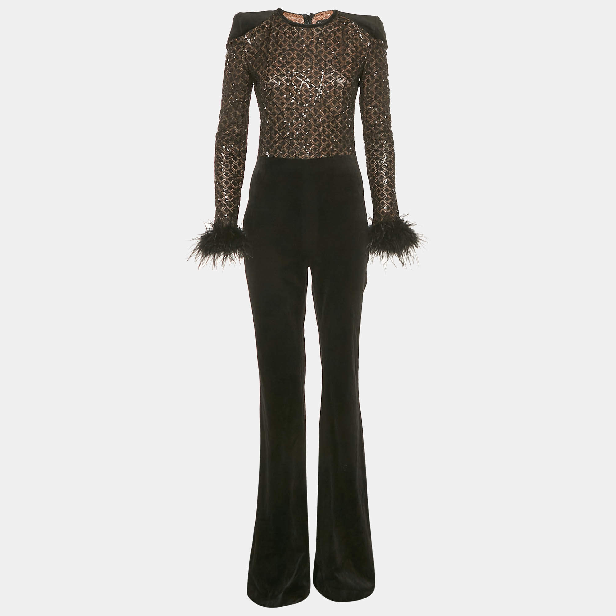 مملوكة مسبقًا جمبسوت نادين مرعبي محبوك أسود بنقشة مزين بالترتر والمخمل بتفاصيل من الريش مقاس وسط - ميديم