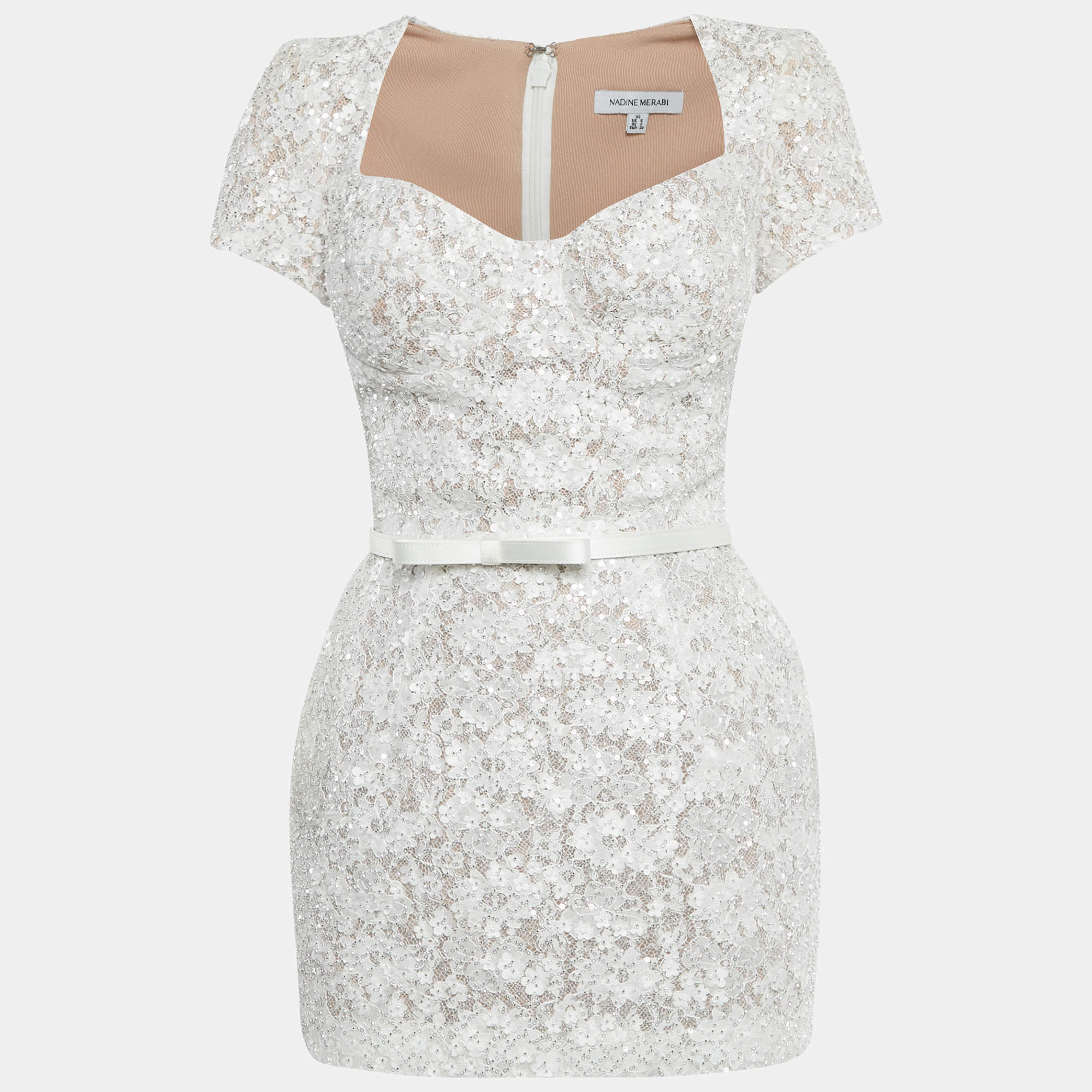 Pre Owned Nadine Merabi White Embellished Lace Mini Dress S