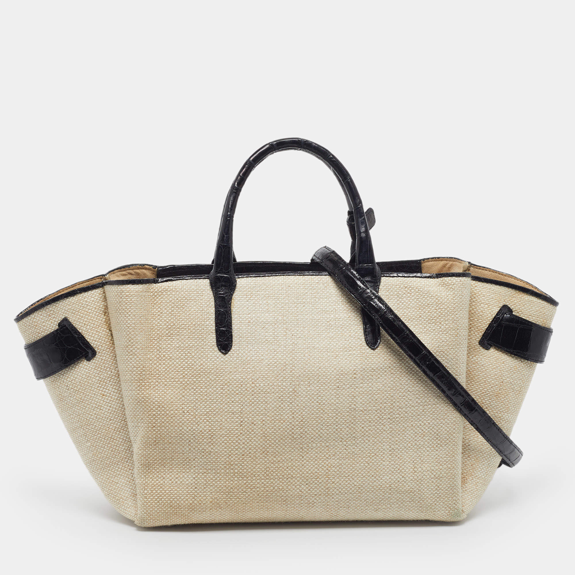 Pre Owned حقيبة يد توتس نانسي غونزالس جلد منقوش بجلد التمساح وقماش أسود/بيج