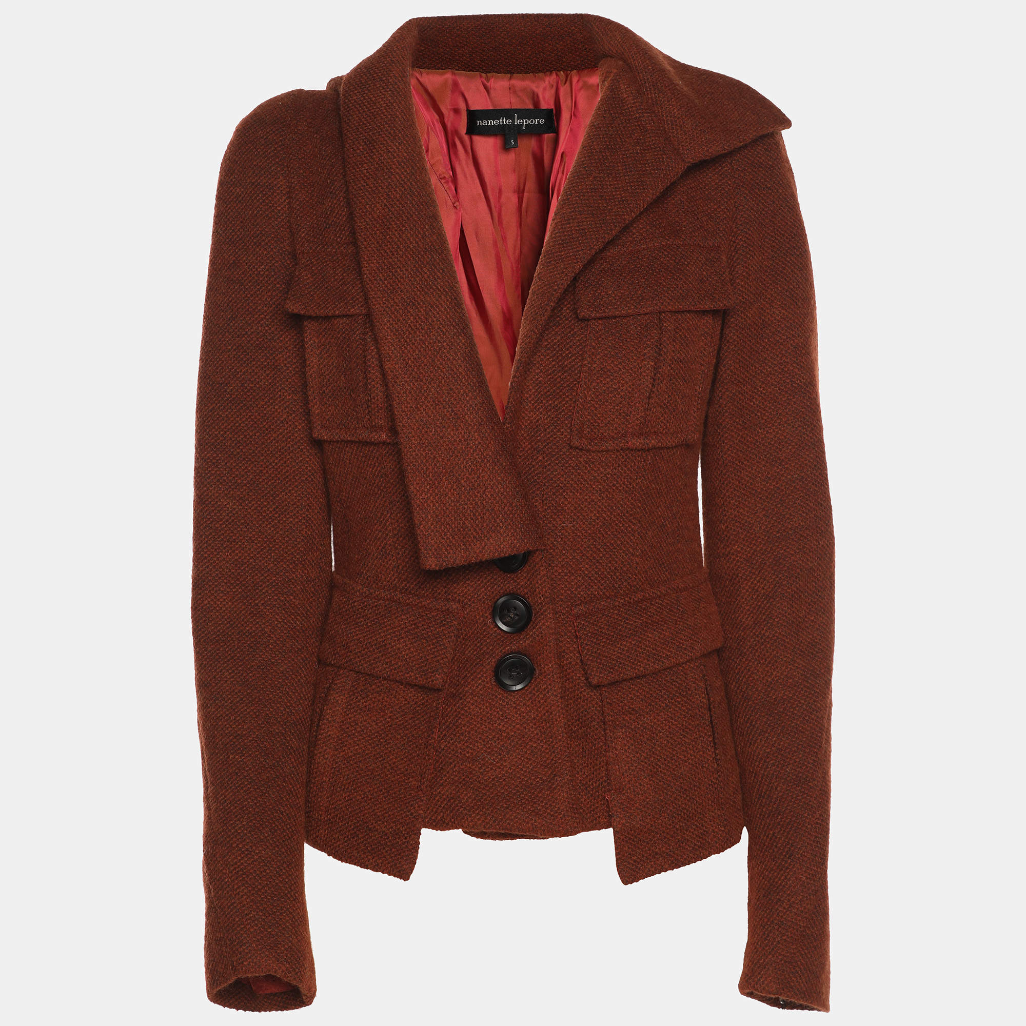 Pre Owned Nanette Lepore Cinnabar Tweed Removable Hoodie Blazer S
