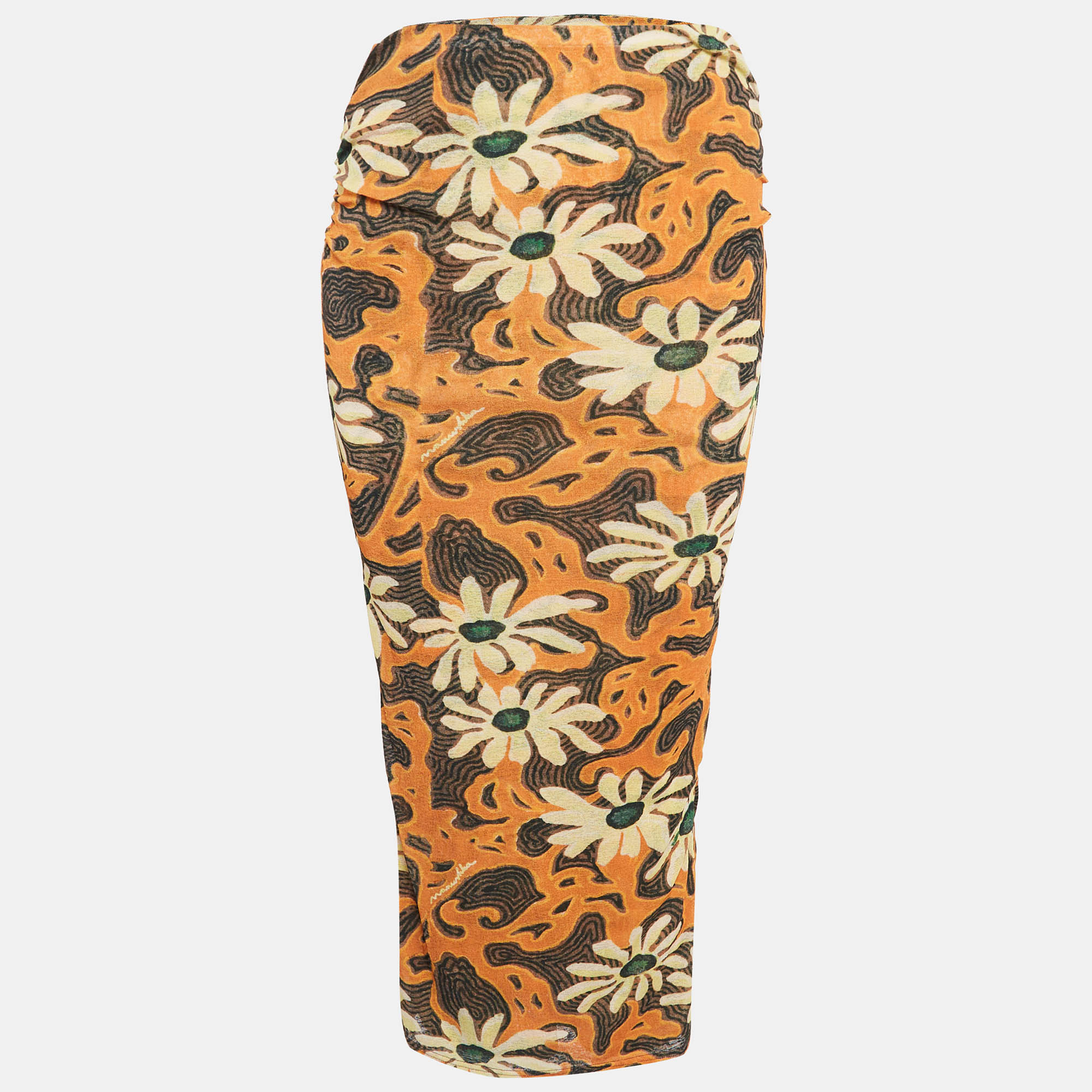 Nanushka Orange Arte Povera Floral Print Mesh Jersey Midi Skirt S
