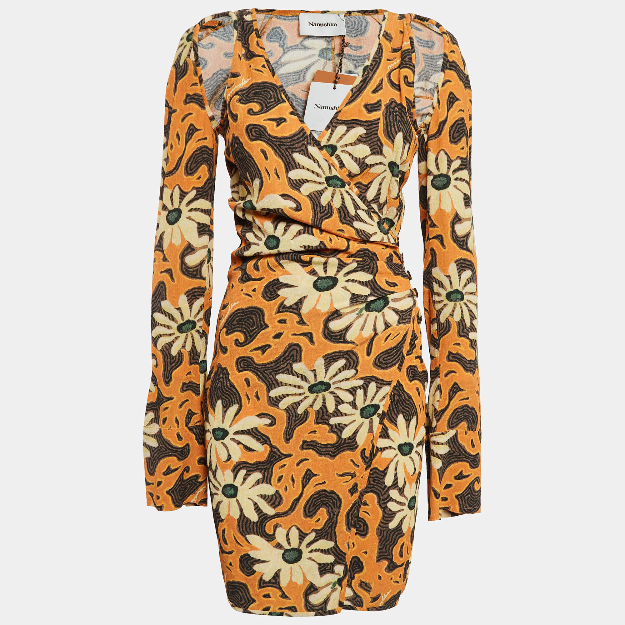 Pre Owned Nanushka Orange Floral Print Crepe Cut-Out Mini Wrap Dress S