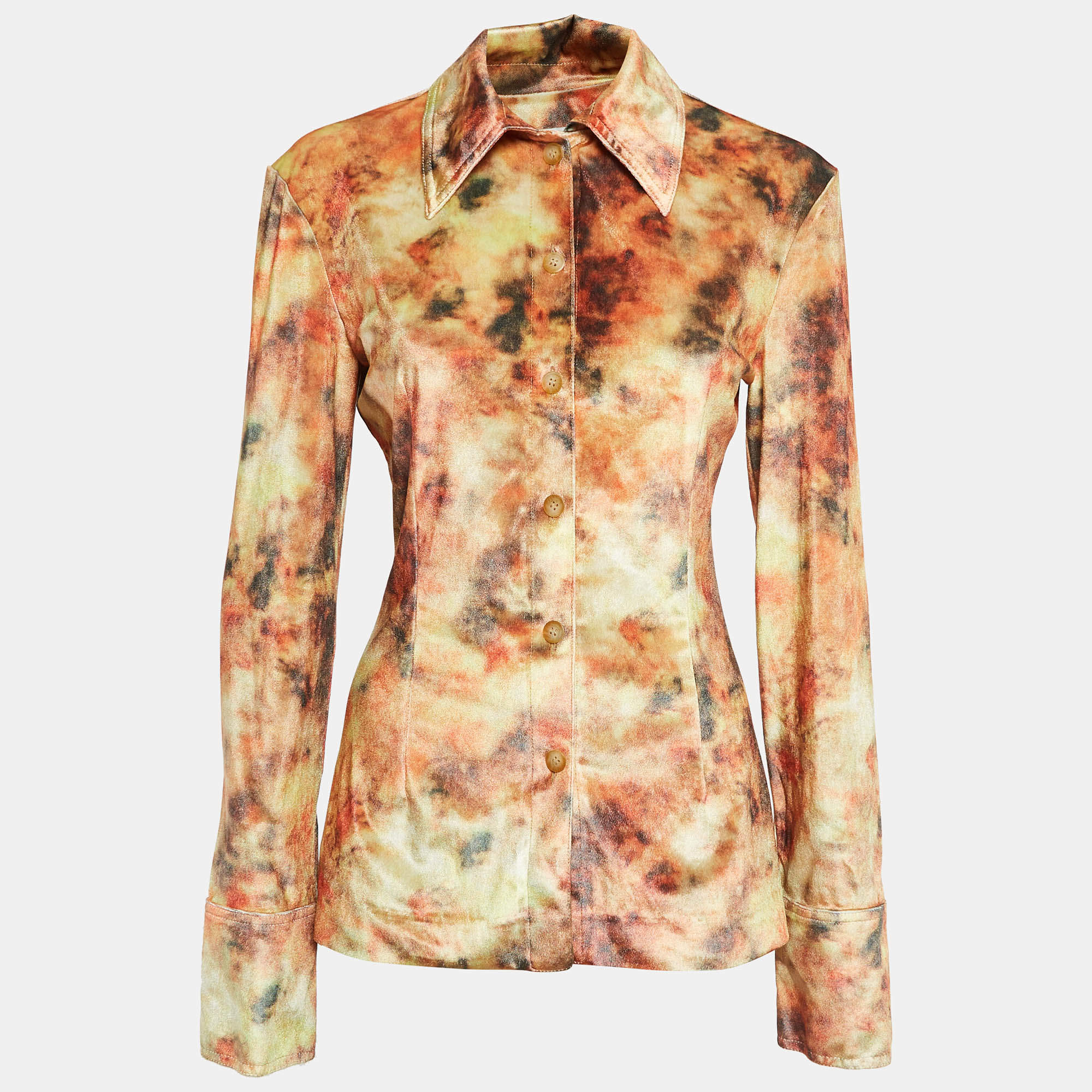 Nanushka Orange Hazy Floral Print Stretch Velvet Shirt M