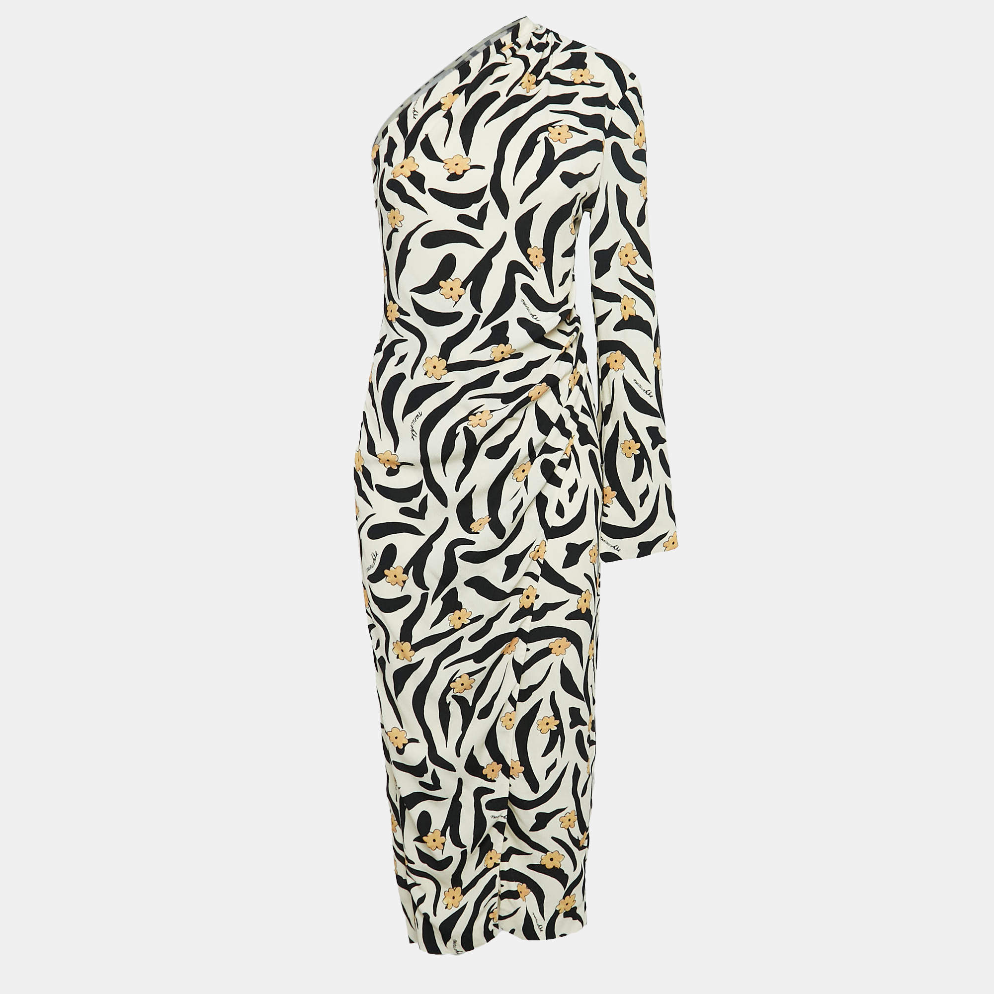 Nanushka Cream Floral Animal Print Crepe One-Shoulder Midi Wrap Dress XS