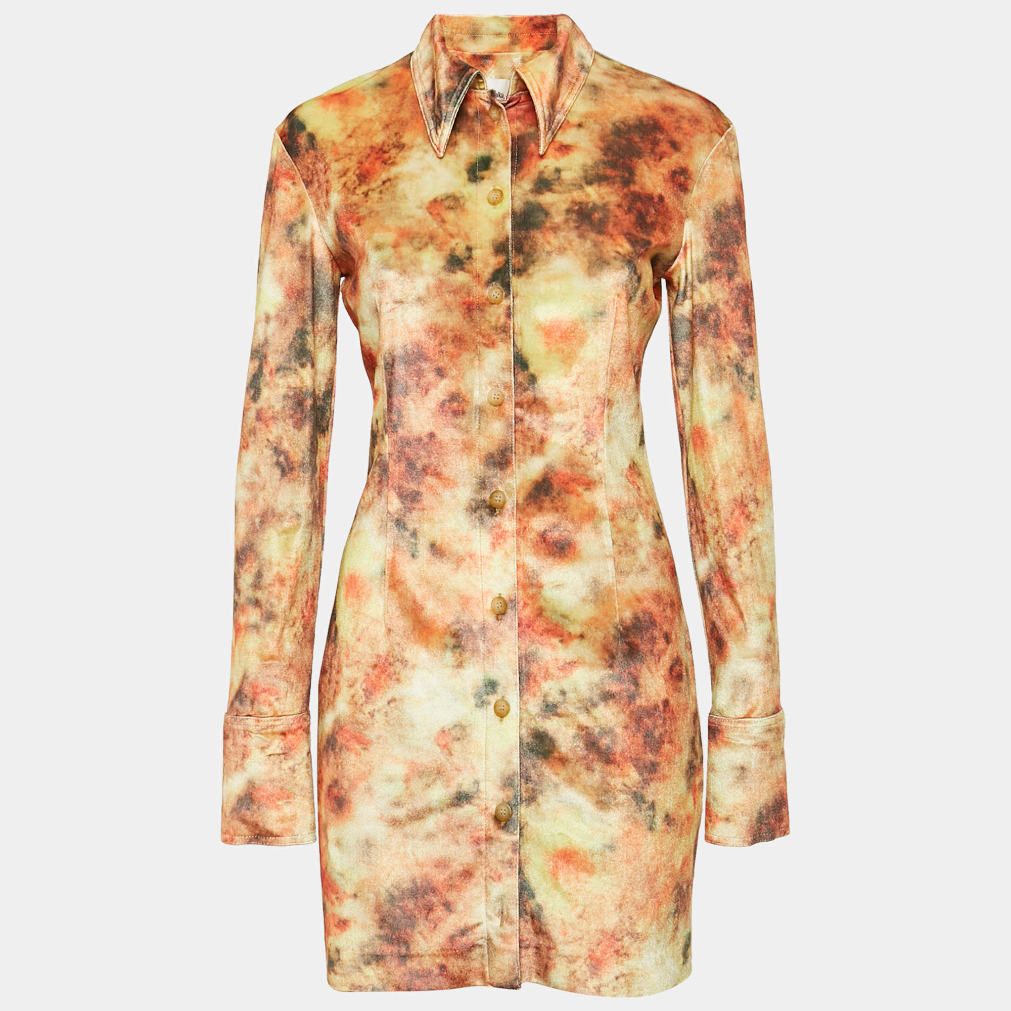 Pre Owned Nanushka Orange Hazy Floral Print Velvet Jersey Romee Mini Shirt Dress M