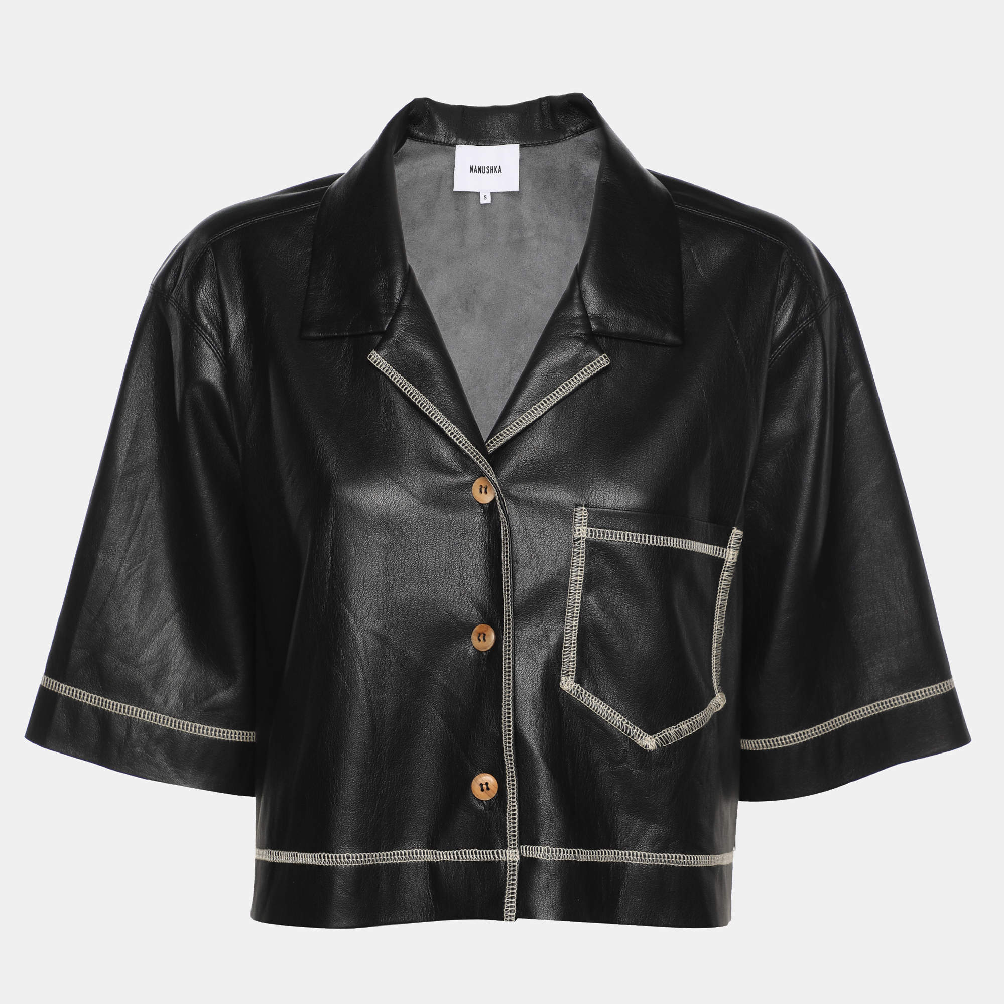 Nanushka Black Vegan Leather Cropped Camp Shirt S
