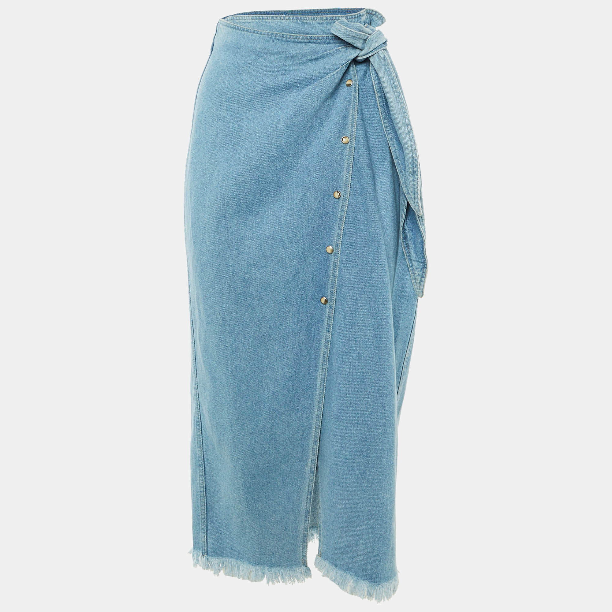 Pre Owned Nanushka Blue Washed Denim Frayed Opal Wrap Midi Skirt L