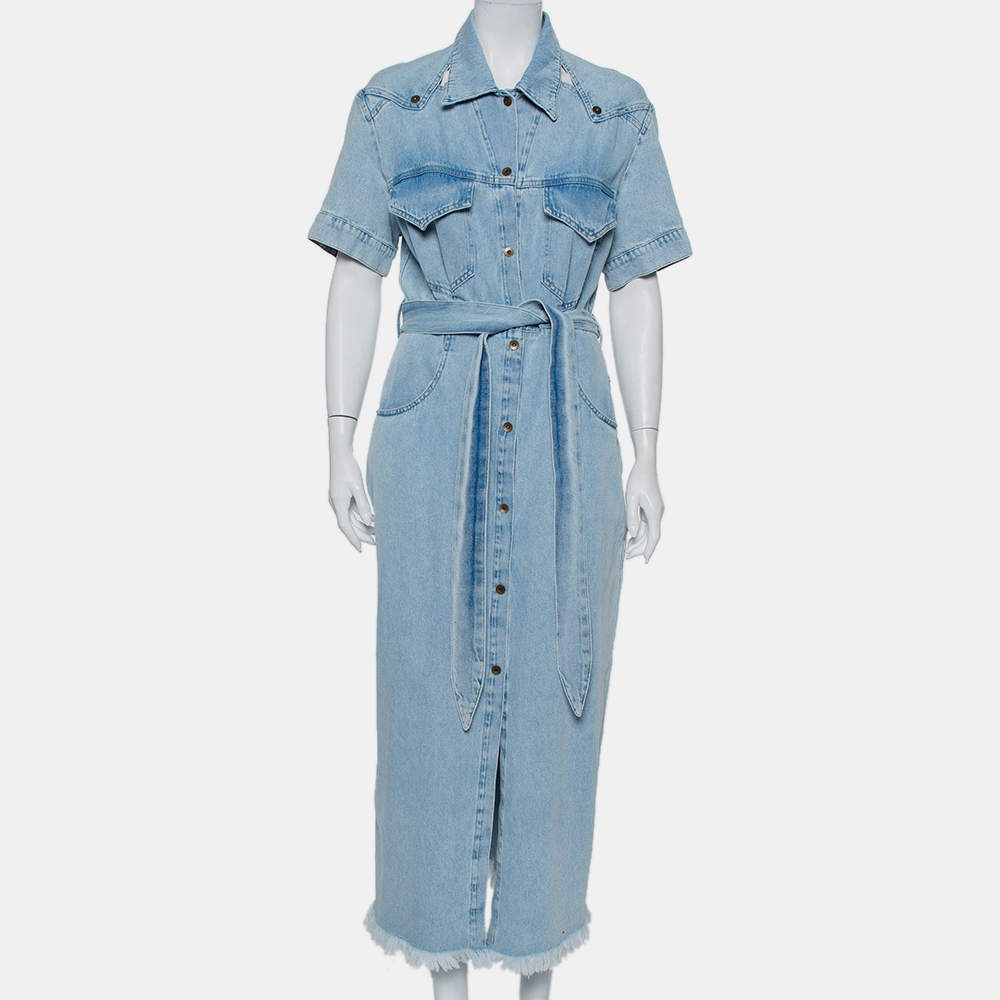 Nanushka Blue Light Wash Denim Frayed Hem Belted Goji Dress L