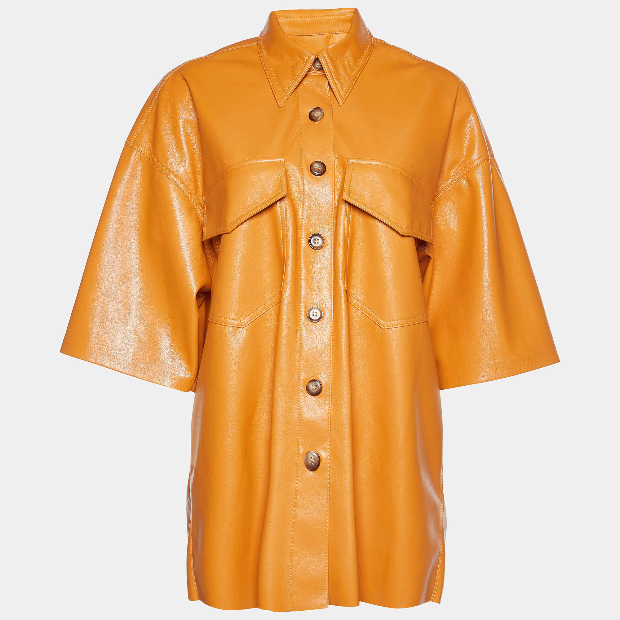 Nanushka Orange Faux Leather Short Sleeve Shirt XS
