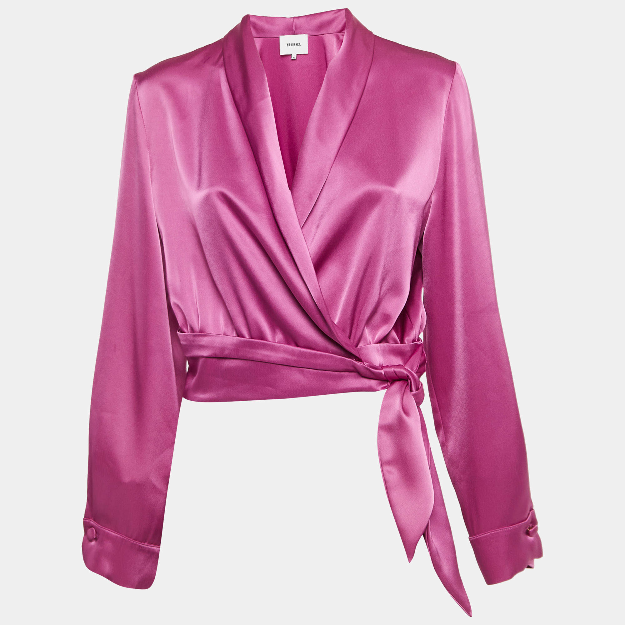 Pre Owned Nanushka Pink Salome Satin Wrap Top M