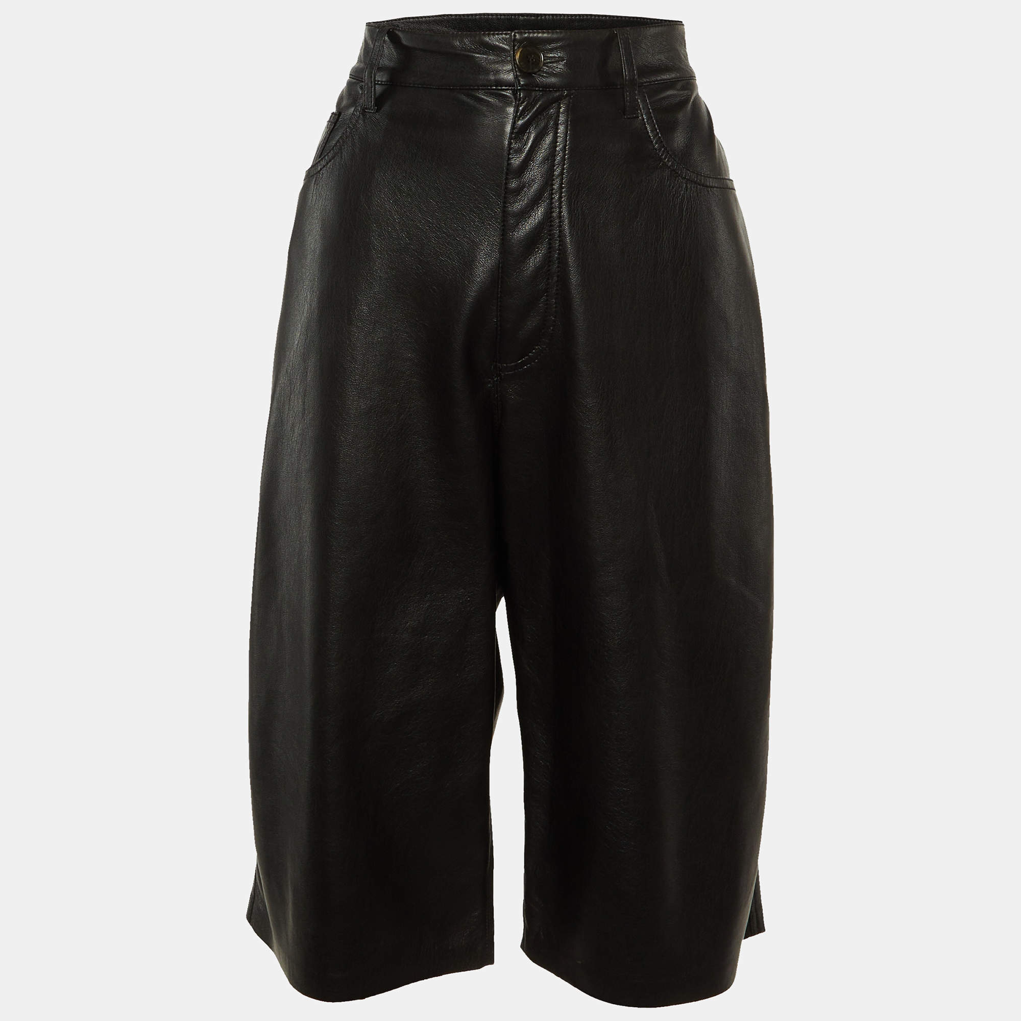 Nanushka Black Faux Leather Wide Leg Capri Pants L