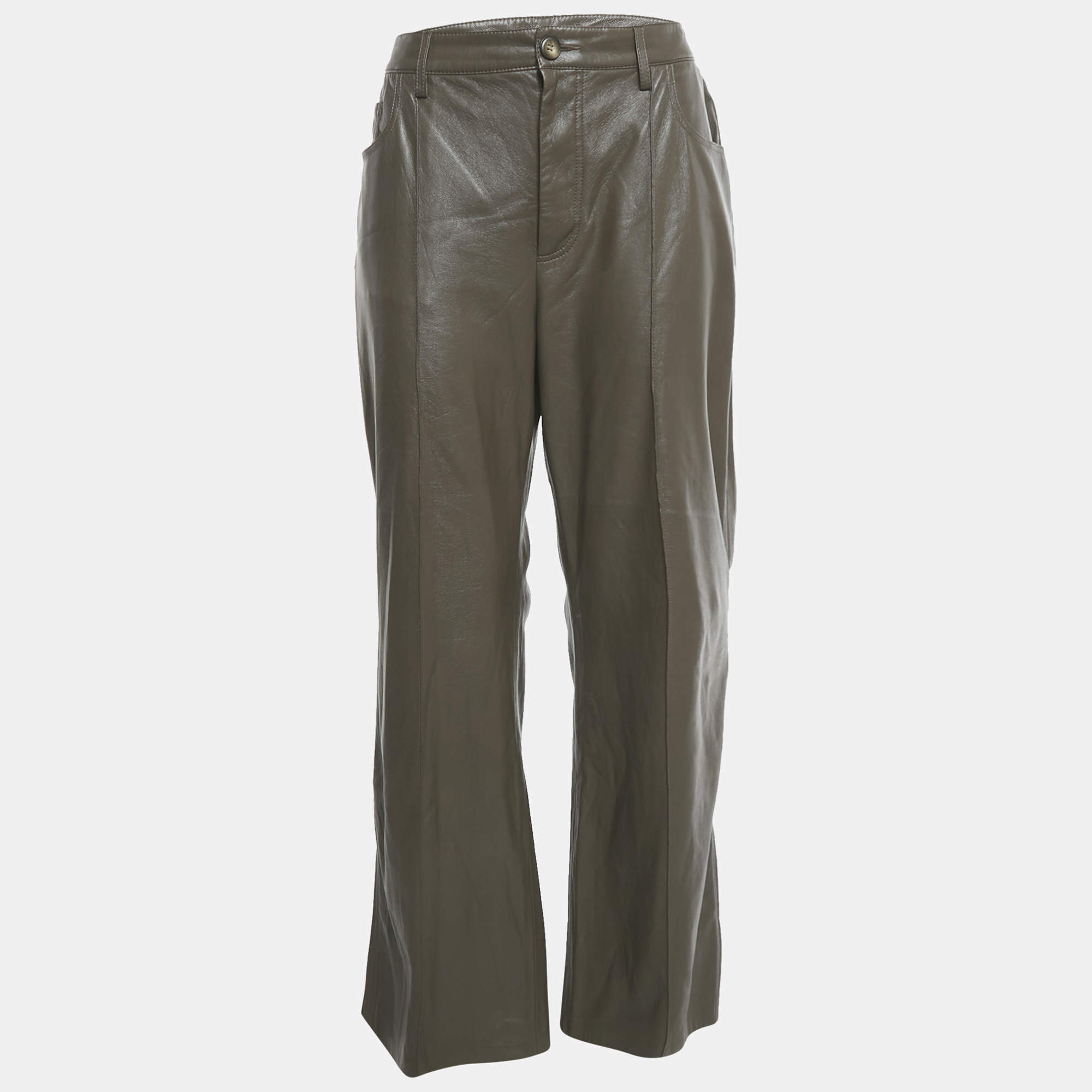 Pre Owned Nanushka Brown Faux Leather Wide Leg Trousers XL