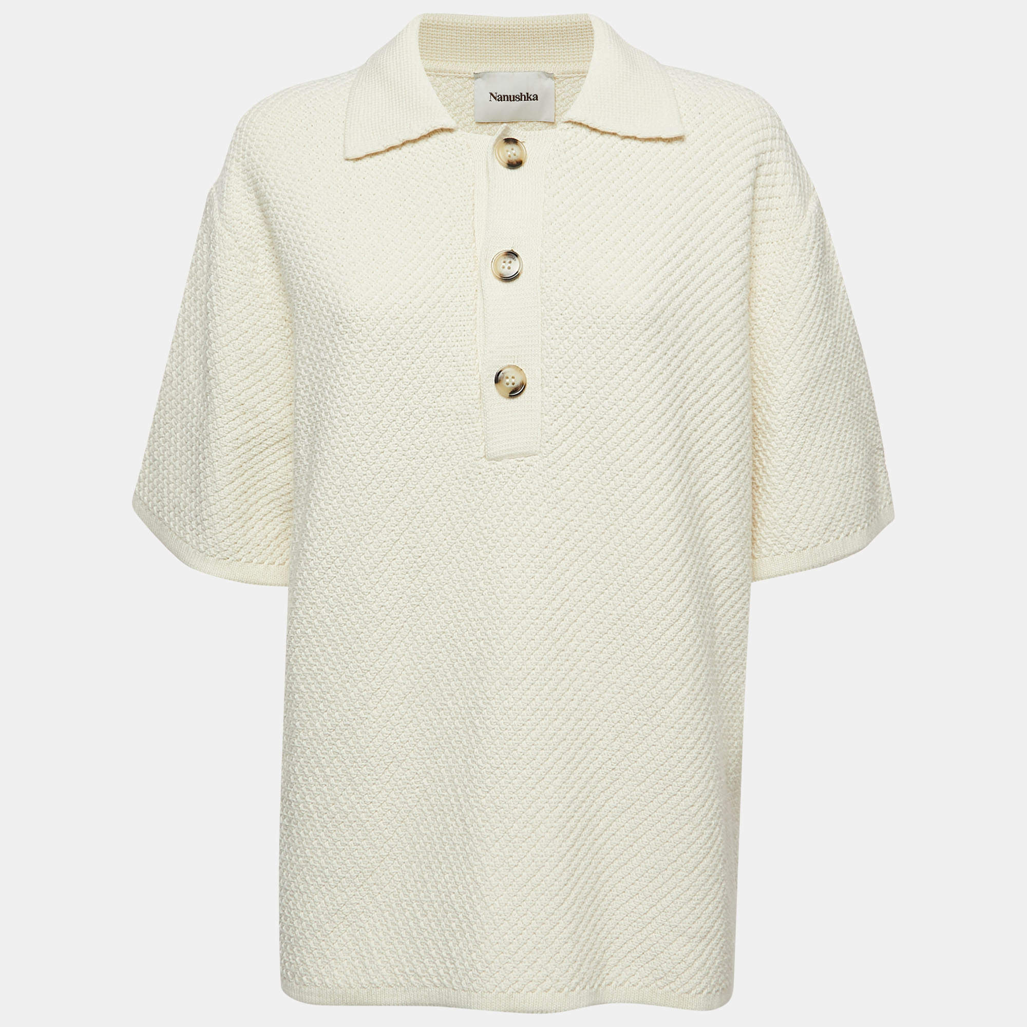 Pre Owned Nanushka Off White Crochet Knit Polo T-Shirt M