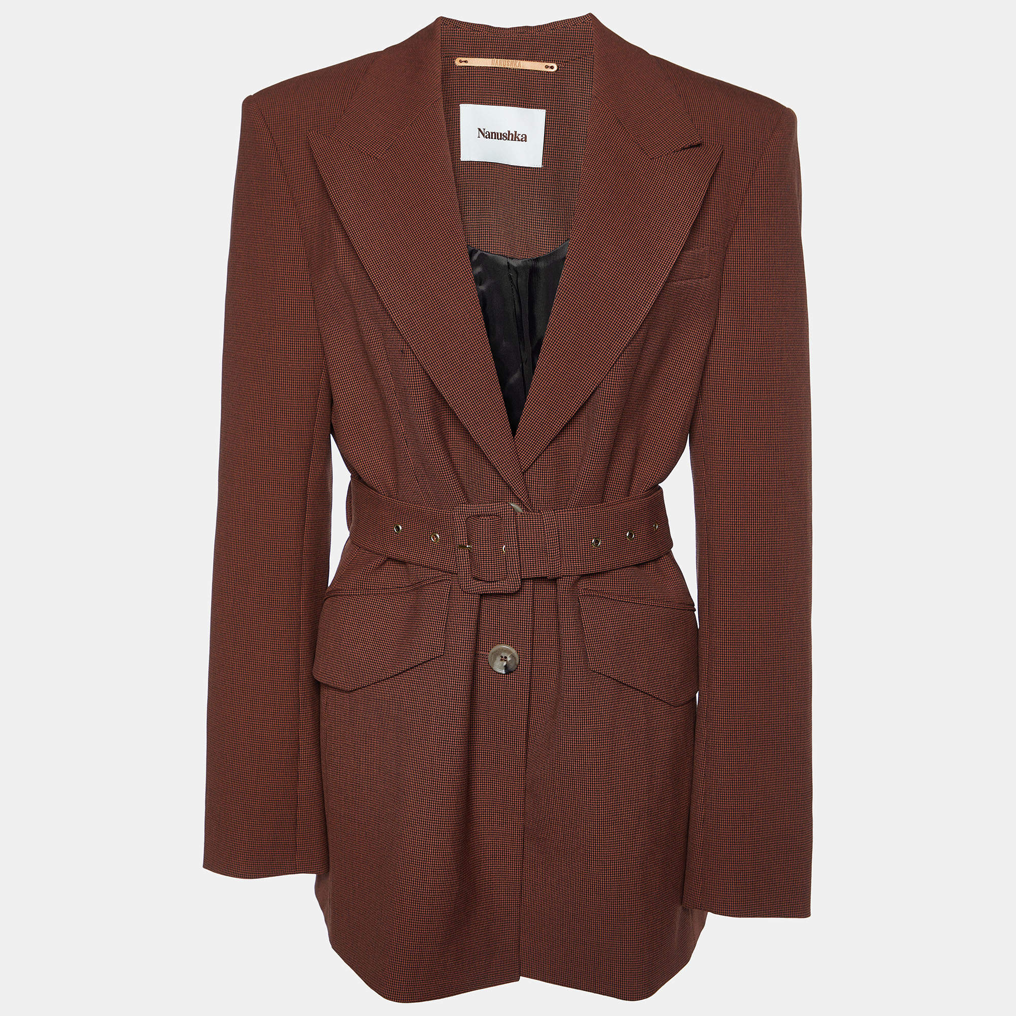 Pre Owned Nanushka Brown Houndstooth Honor Belted Blazer S