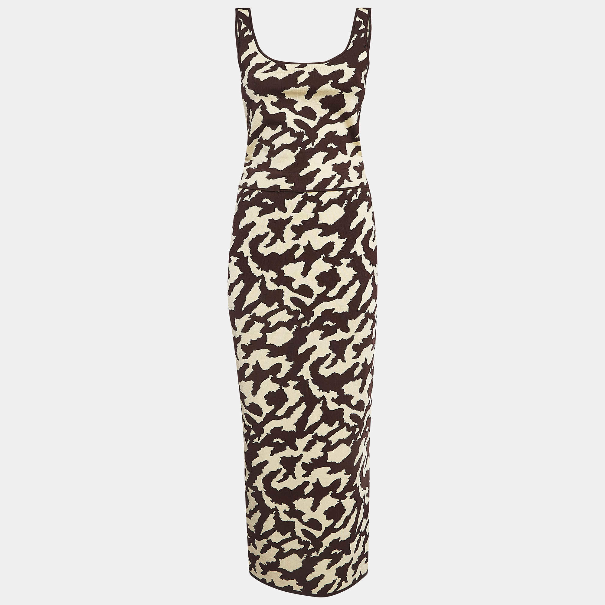 Nanushka Brown Animal Print Rib Knit Skirt and Top Set M/L