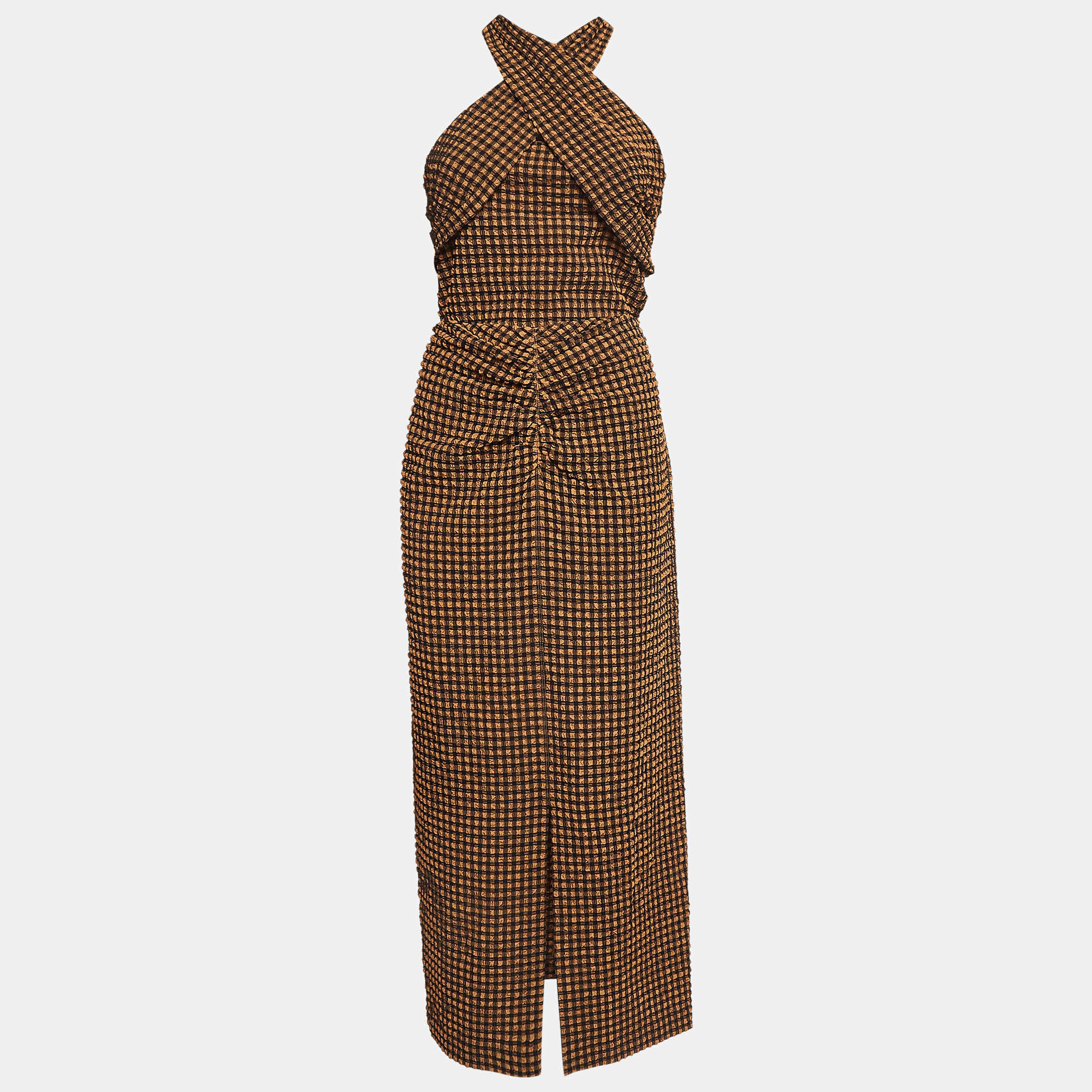 Nanushka Brown Checked Seersucker Skirt and Top Set L