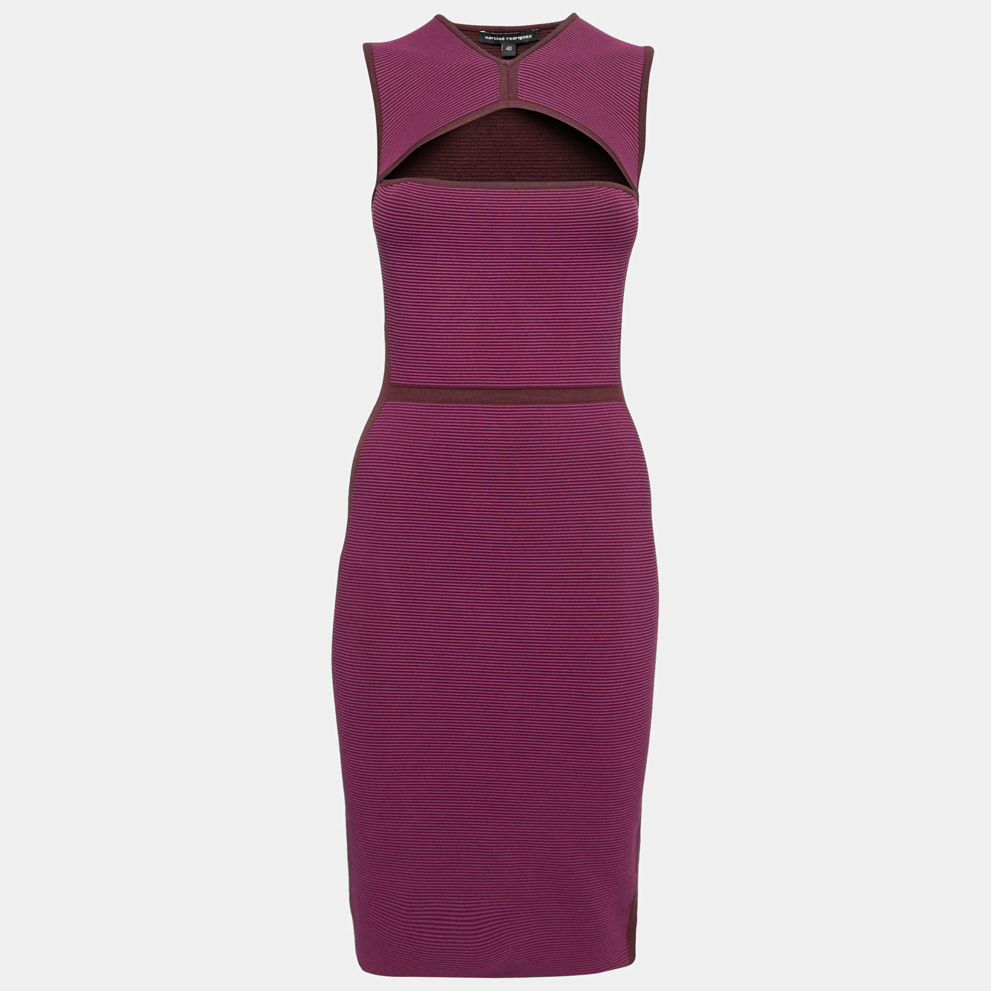 مملوكة مسبقًا Narciso Rodriguez Purple Silk Knit Cut Out Yoke Sleeveless Sheath Dress S