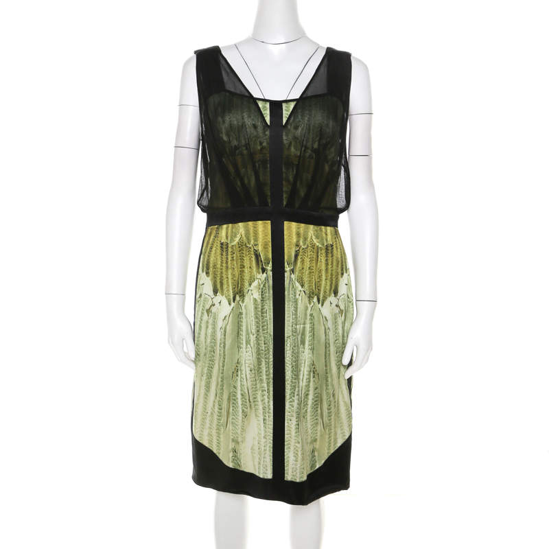 Narciso Rodriguez Green Satin and Black Mesh Overlay Sleeveless Dress M 
