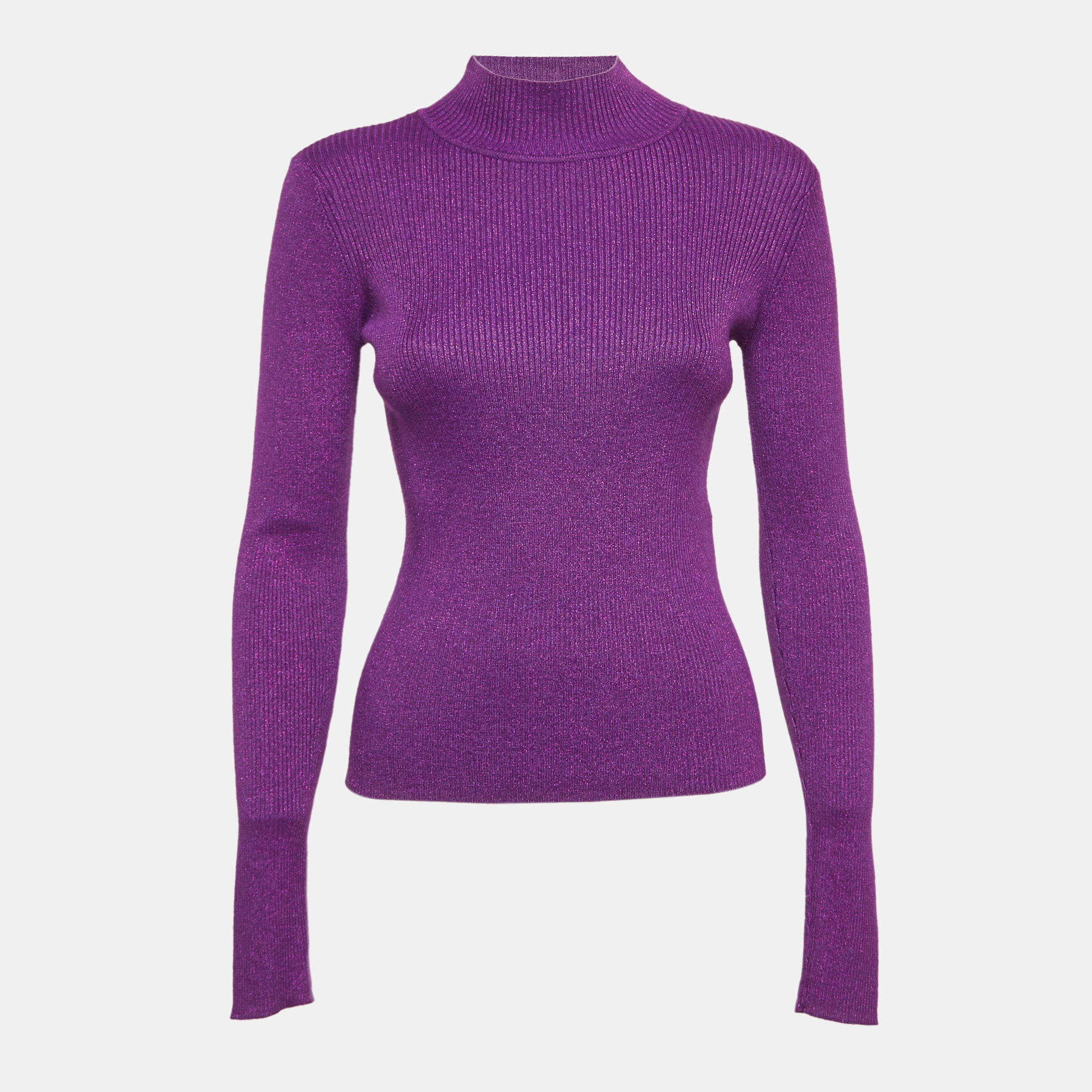 NBD Purple Lurex Rib Knit High Neck Pullover M