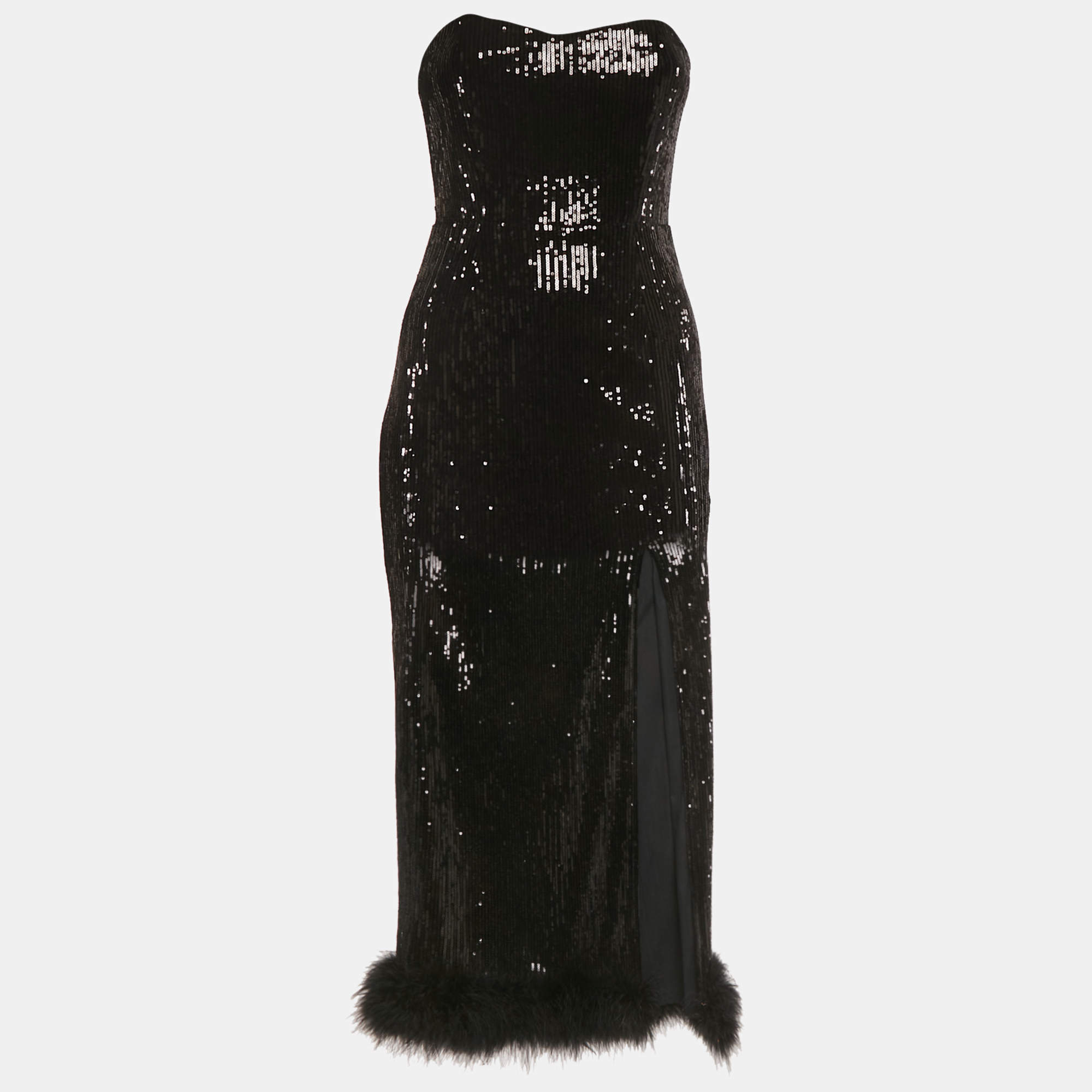Pre Owned NBD Black Sequin Strapless Feather Trim Kalindi Midi Dress XS