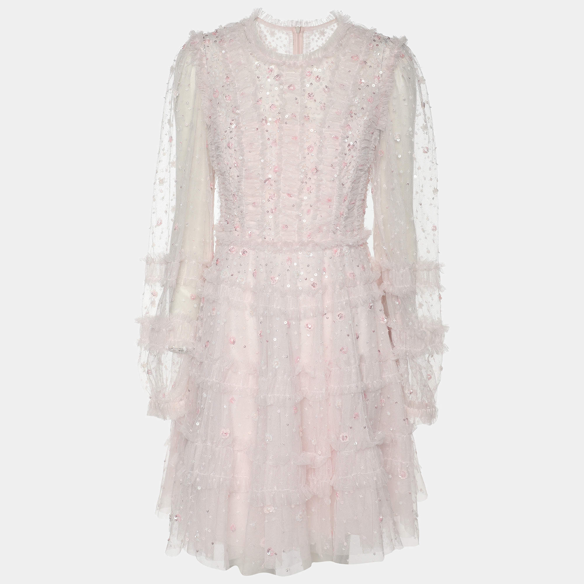 Needle & Thread Light Pink Mesh Violet Shimmer Micro Mini Dress S