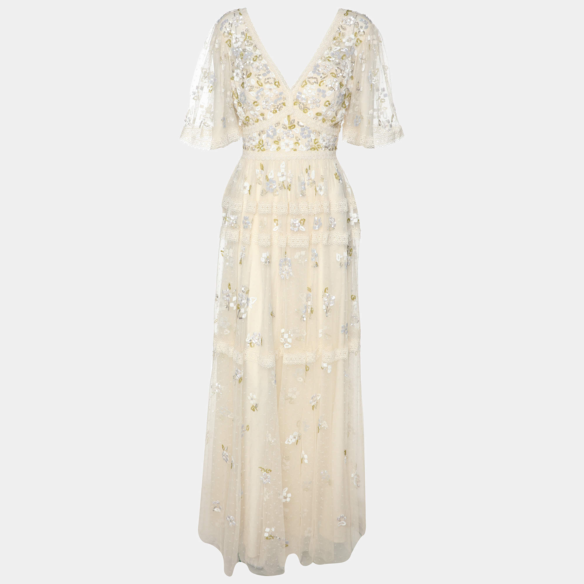 Needle & Thread Cream Mesh Shimmer Primrose Gown Dress S