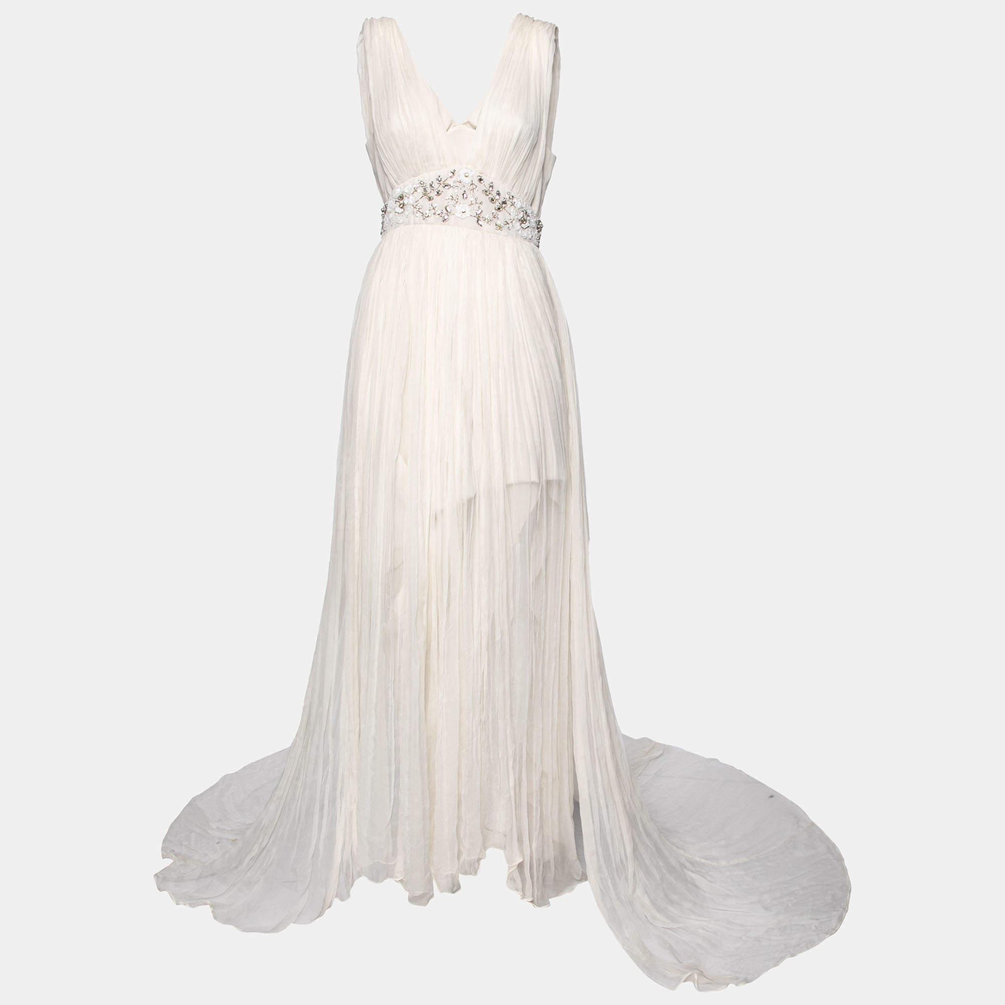 مملوكة مسبقًا Needle & Thread White Chiffon Crystal Embellished Plunging Neck Tulle Dress M