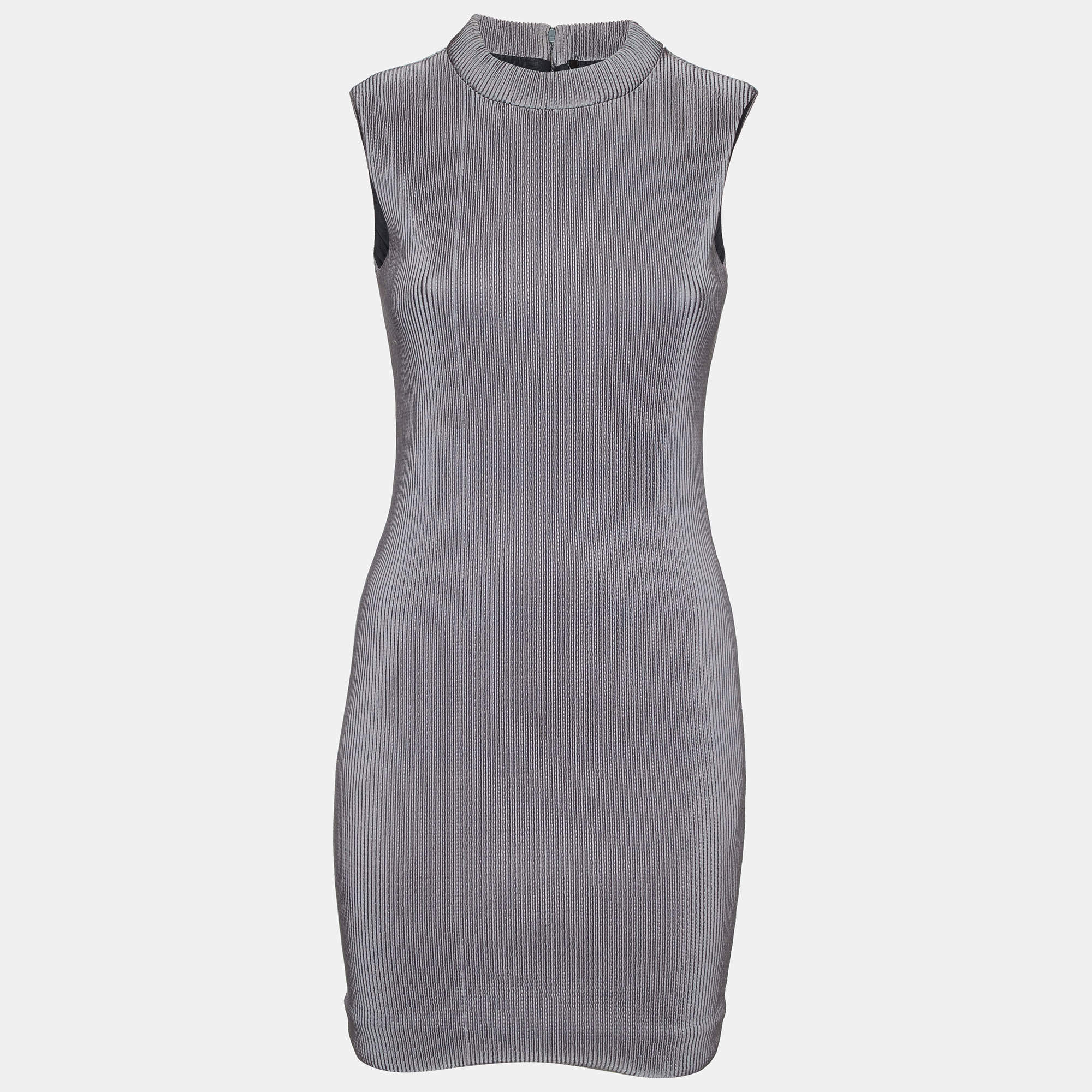 Neil Barrett Grey Stripe Textured Jersey Mini Dress S