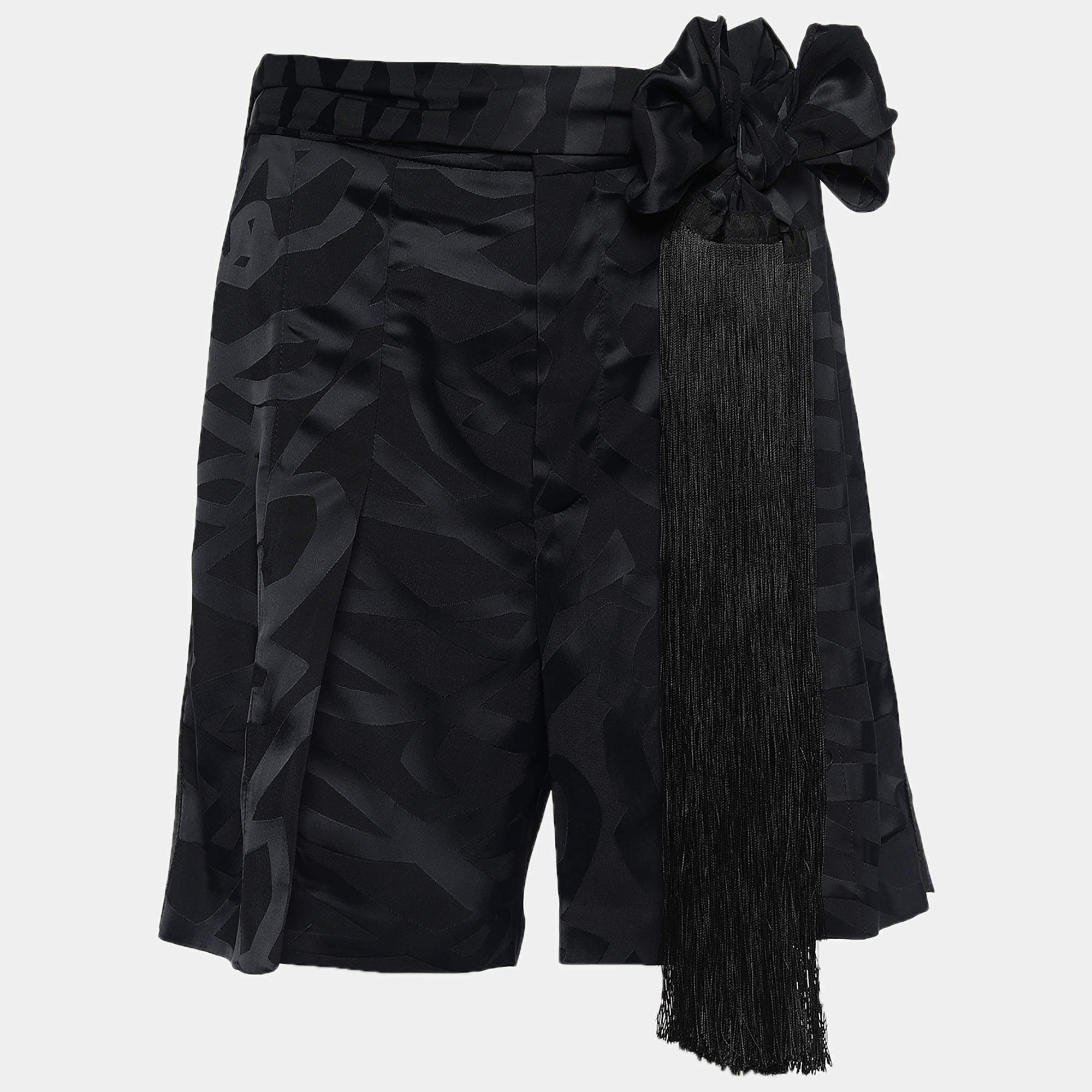 Neil Barrett Black Satin Fringe Tie Belt Slouch Shorts S
