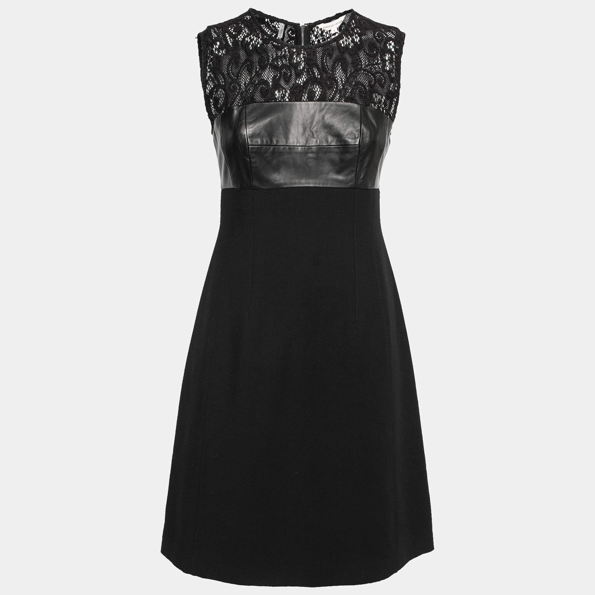 Rebecca Taylor Black Lace and Leather Panel Detail Dress S 