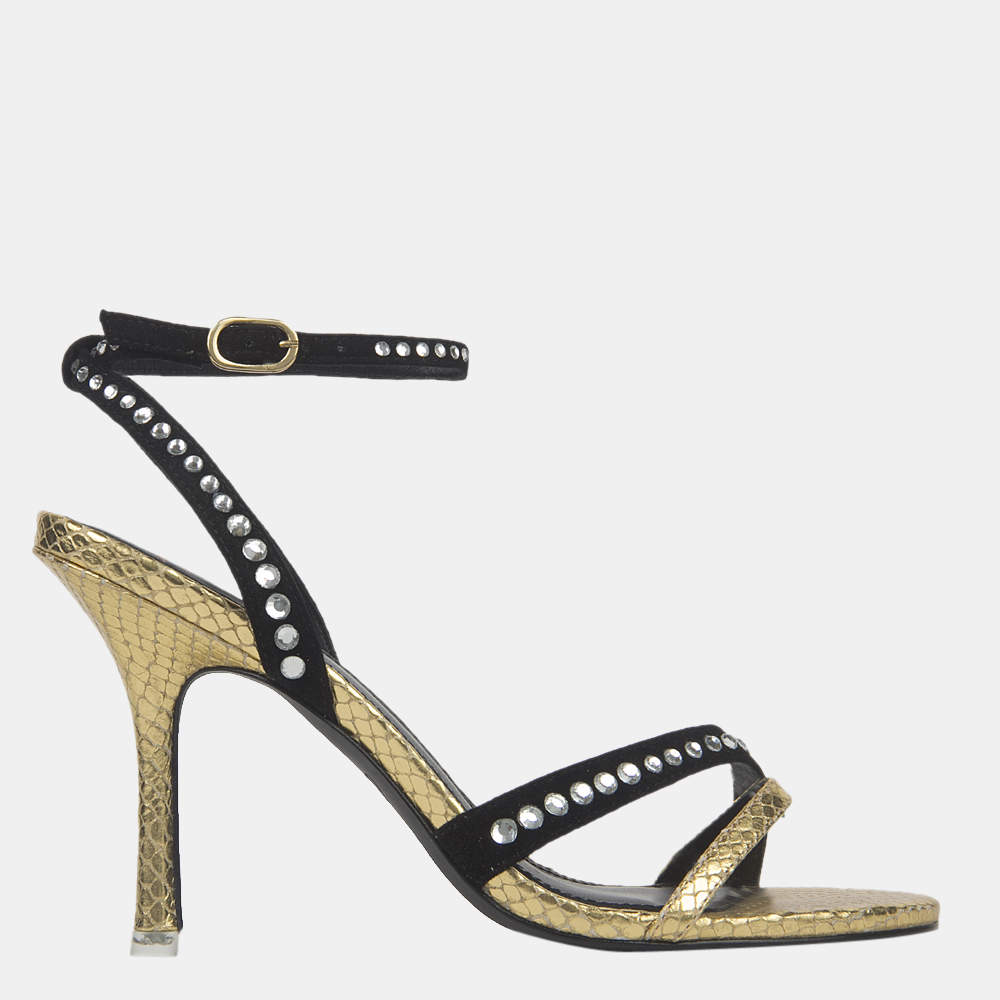 مملوكة مسبقًا Black Suede Studio x Caroline Stanbury Gold Metallic Leather Leila Sandals Size 37